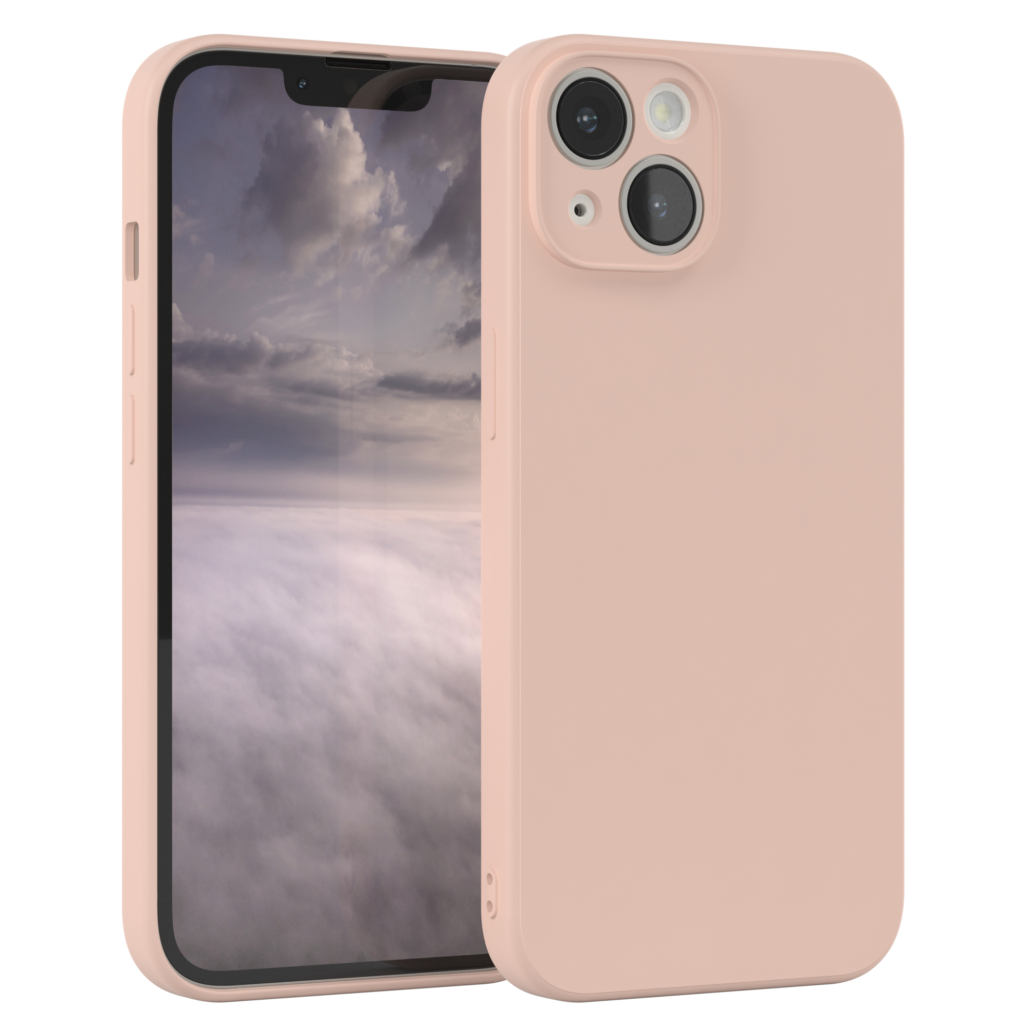 Rosa Handyhülle auf einem Telefon. Der Bildschirm zeigt einen bewölkten Himmel.
