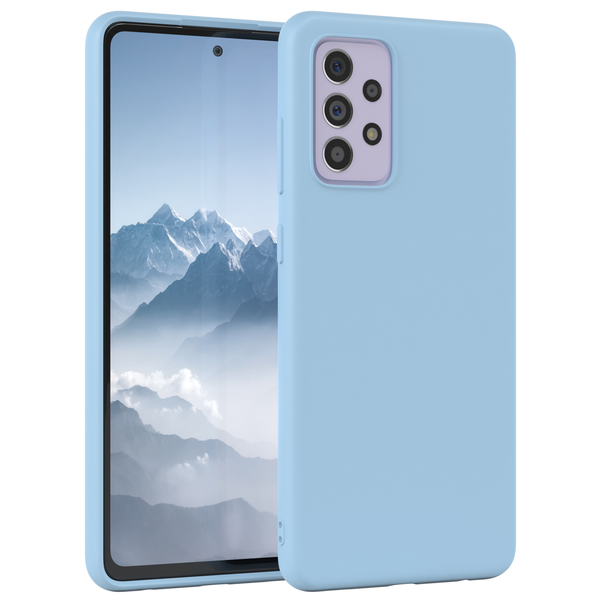 Ein hellblaues Telefon mit einem hellvioletten Kameramodul und einem Bildschirm mit Bergkette.