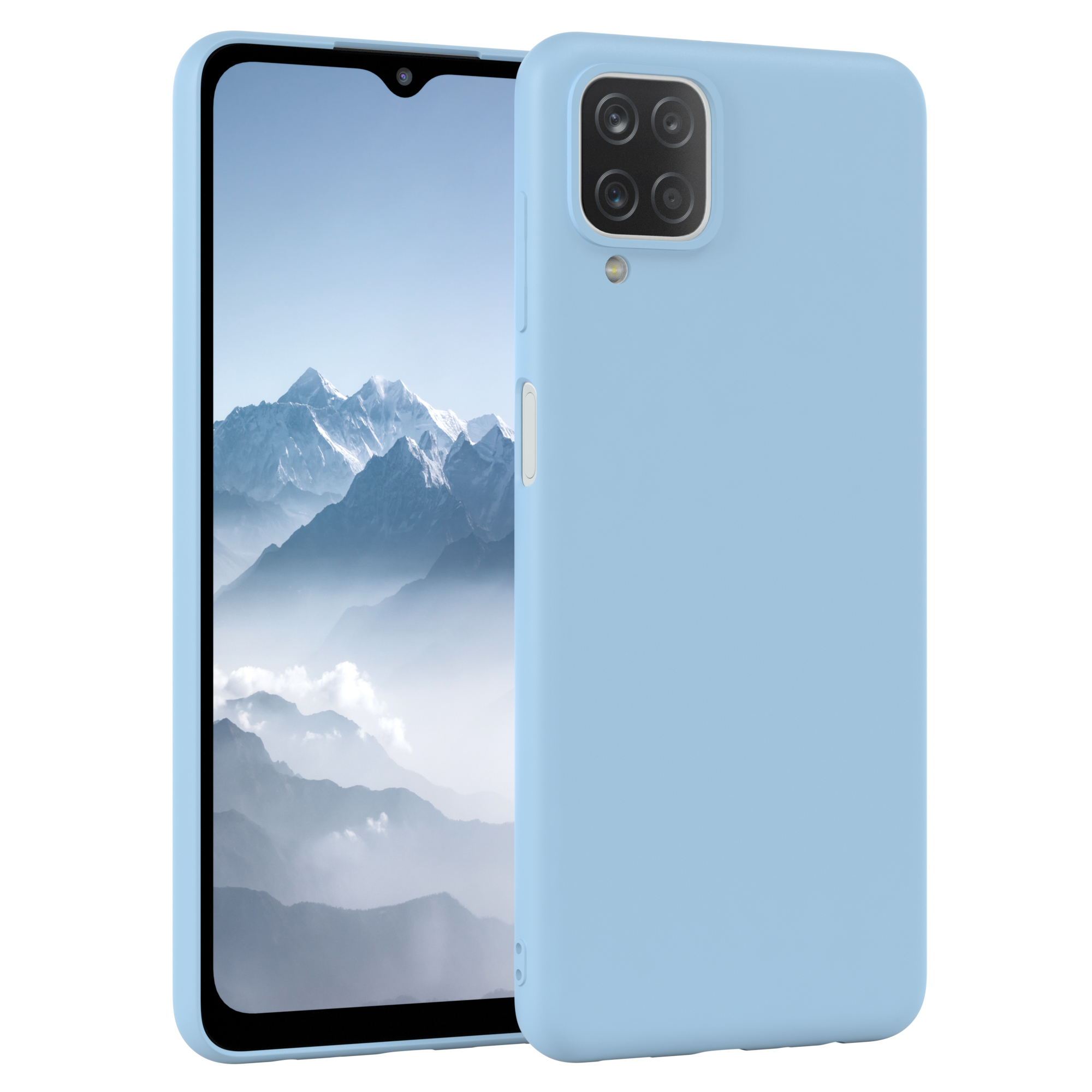 Hellblaue Handyhülle schützt ein Smartphone. Weißer Hintergrund.