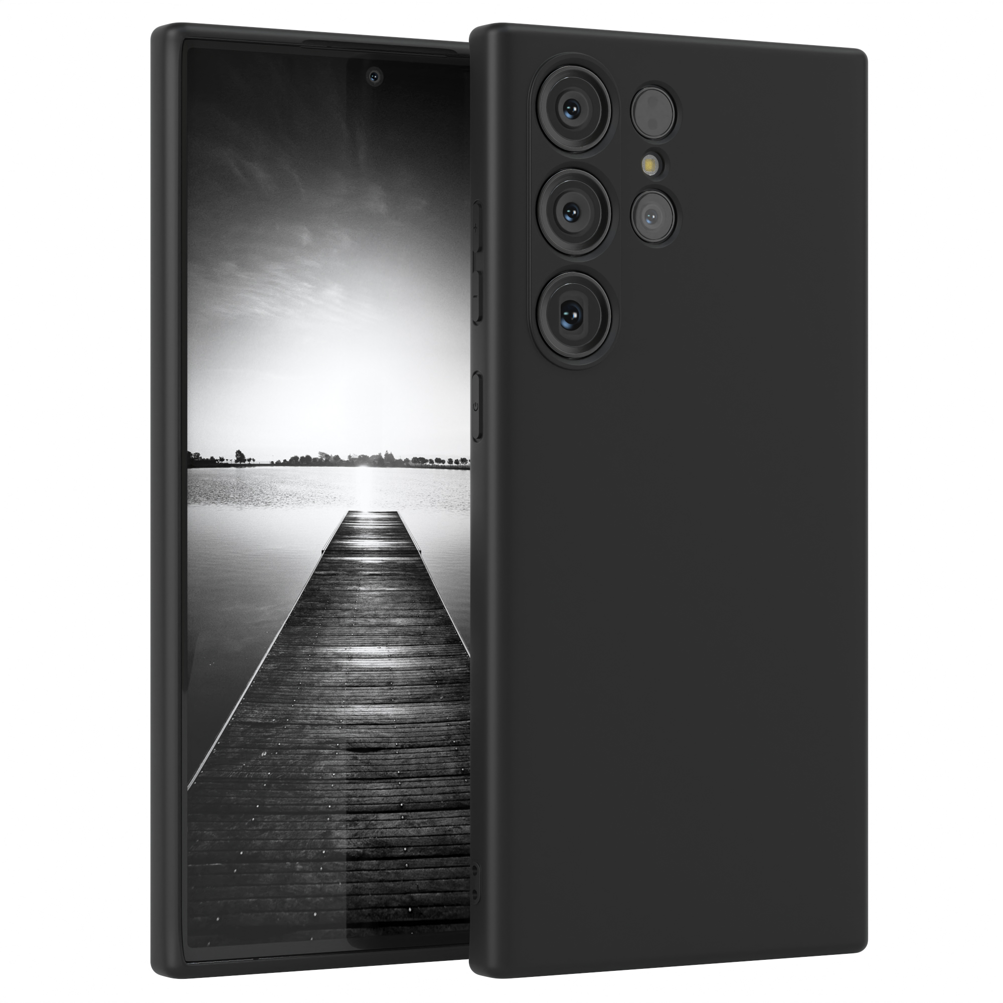 Schwarzes Telefon und Hülle, zeigt ein Dock-Bild in Schwarzweiß.