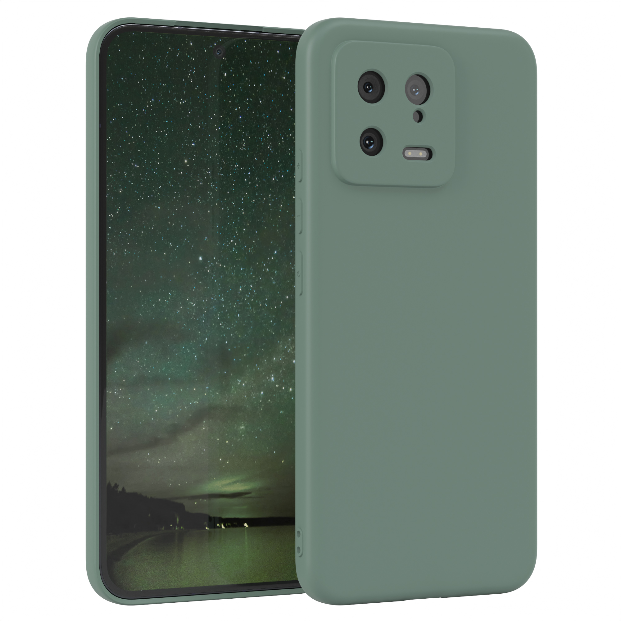 Grüne Handyhülle mit Telefon, das eine Sternennacht und See zeigt.