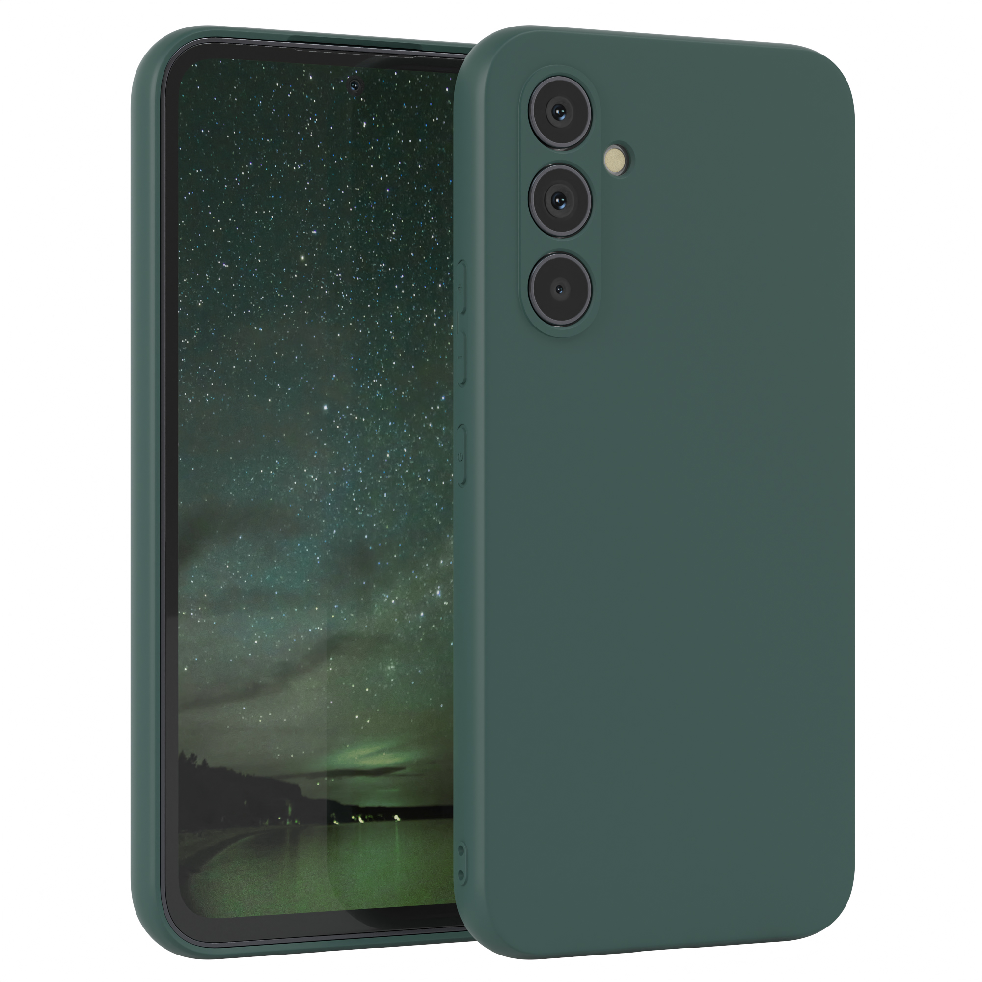 Dunkelgrüne Handyhülle auf einem Telefon. Der Bildschirm zeigt einen Nachthimmel mit Sternen.