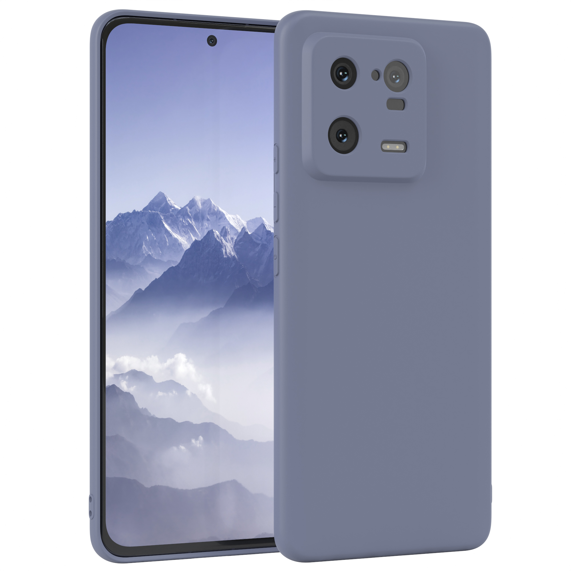 Blaues Telefon mit Hülle. Das Display zeigt ein wellenförmiges Muster.