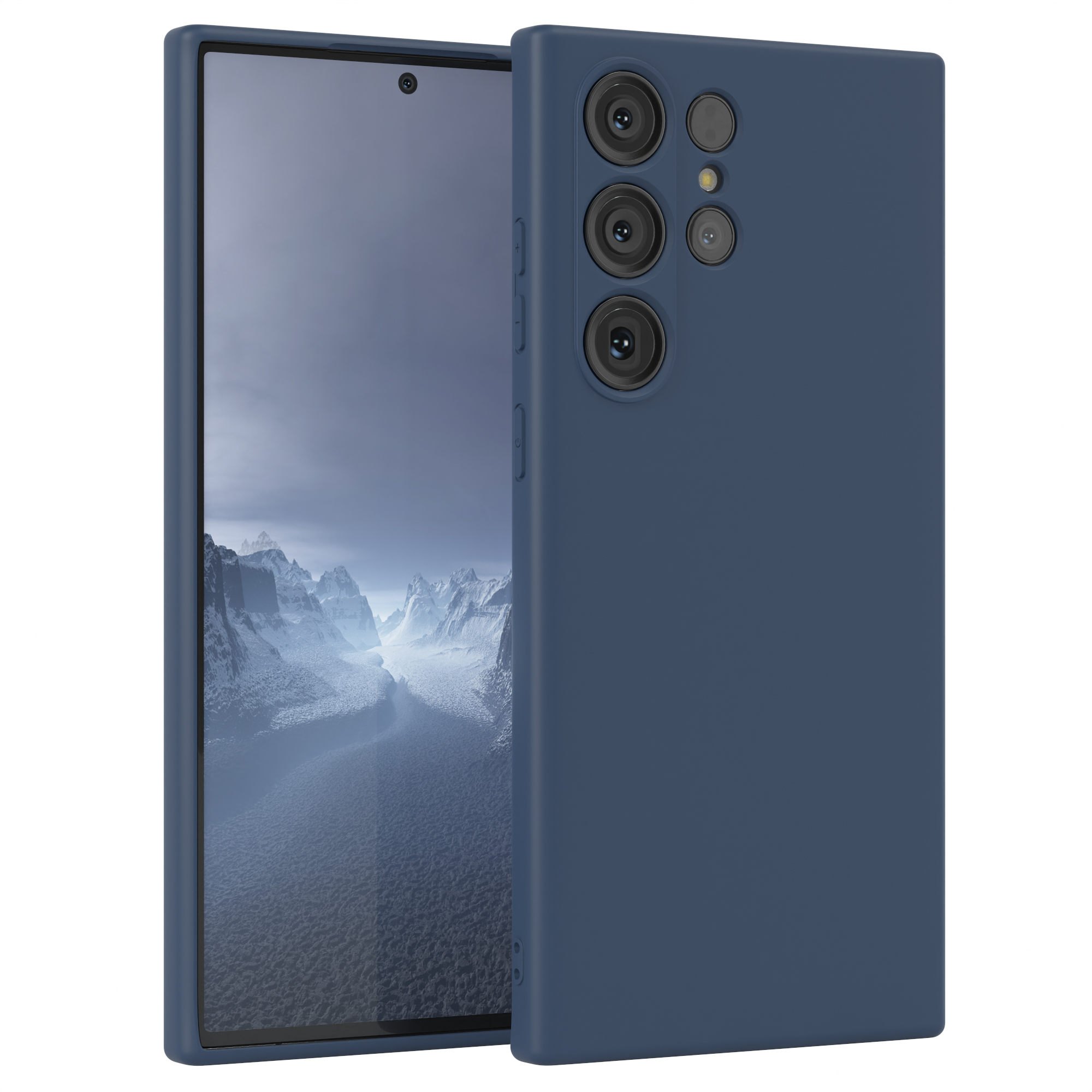 Zwei marineblaue Handyhüllen, eine zeigt die Kamera und die andere die Rückseite des Telefons.