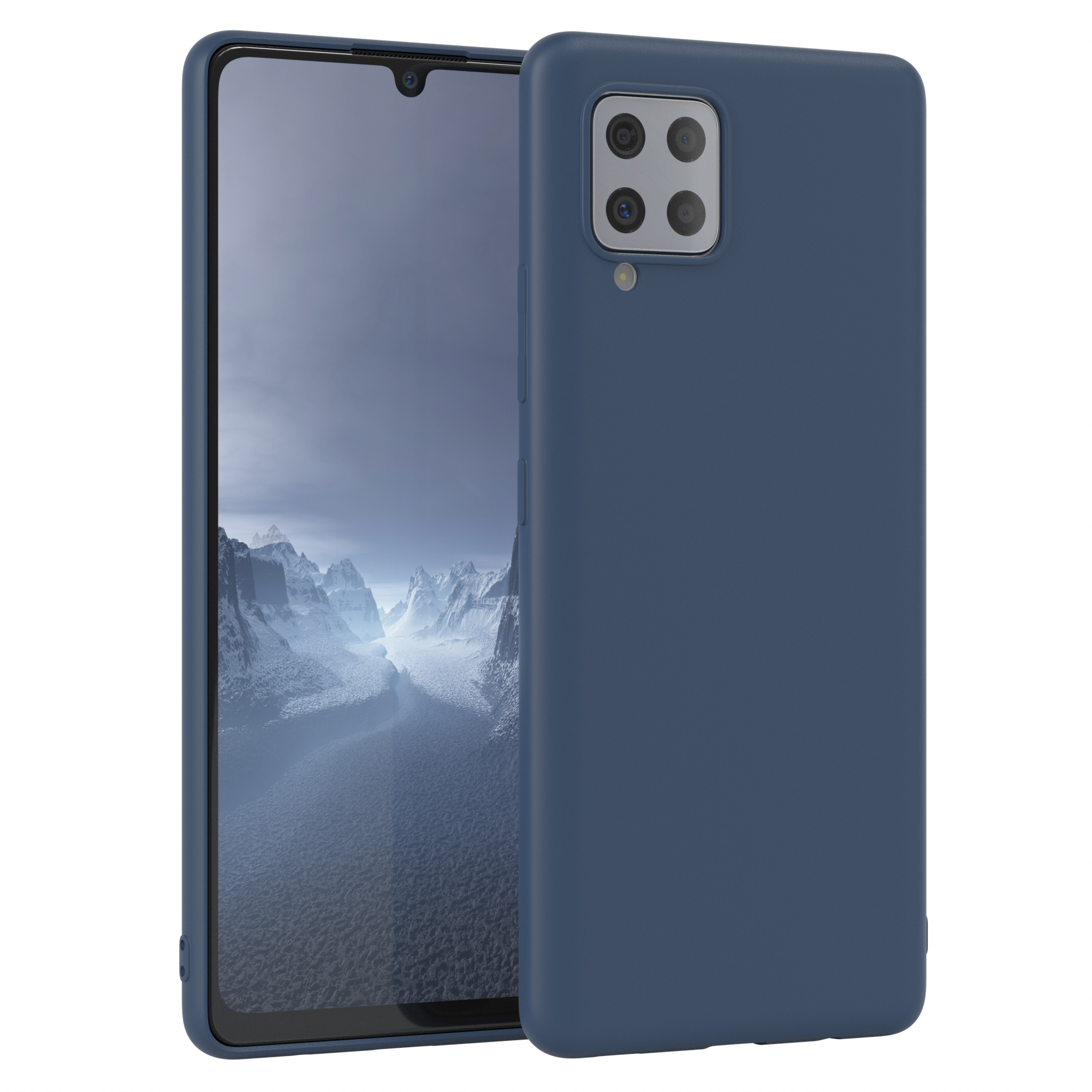 Eine dunkelblaue Handyhülle mit einem Telefon darin, das eine Bergansicht zeigt.
