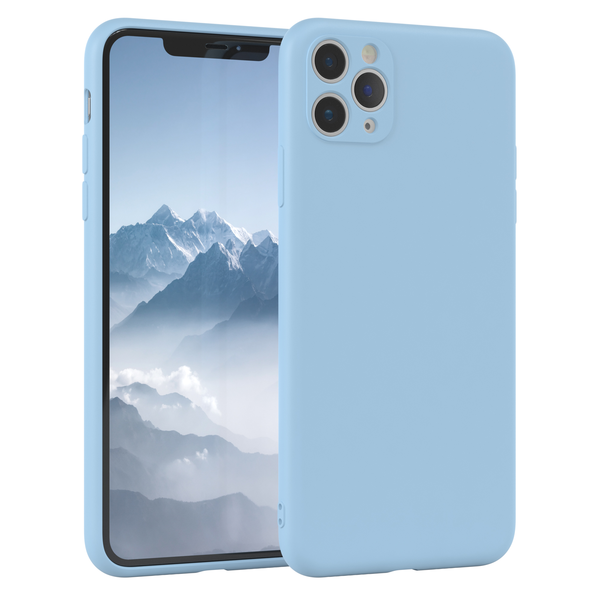 Hellblaue Handyhülle mit Handy. Berge auf dem Bildschirm. Drei Kameralinsen.