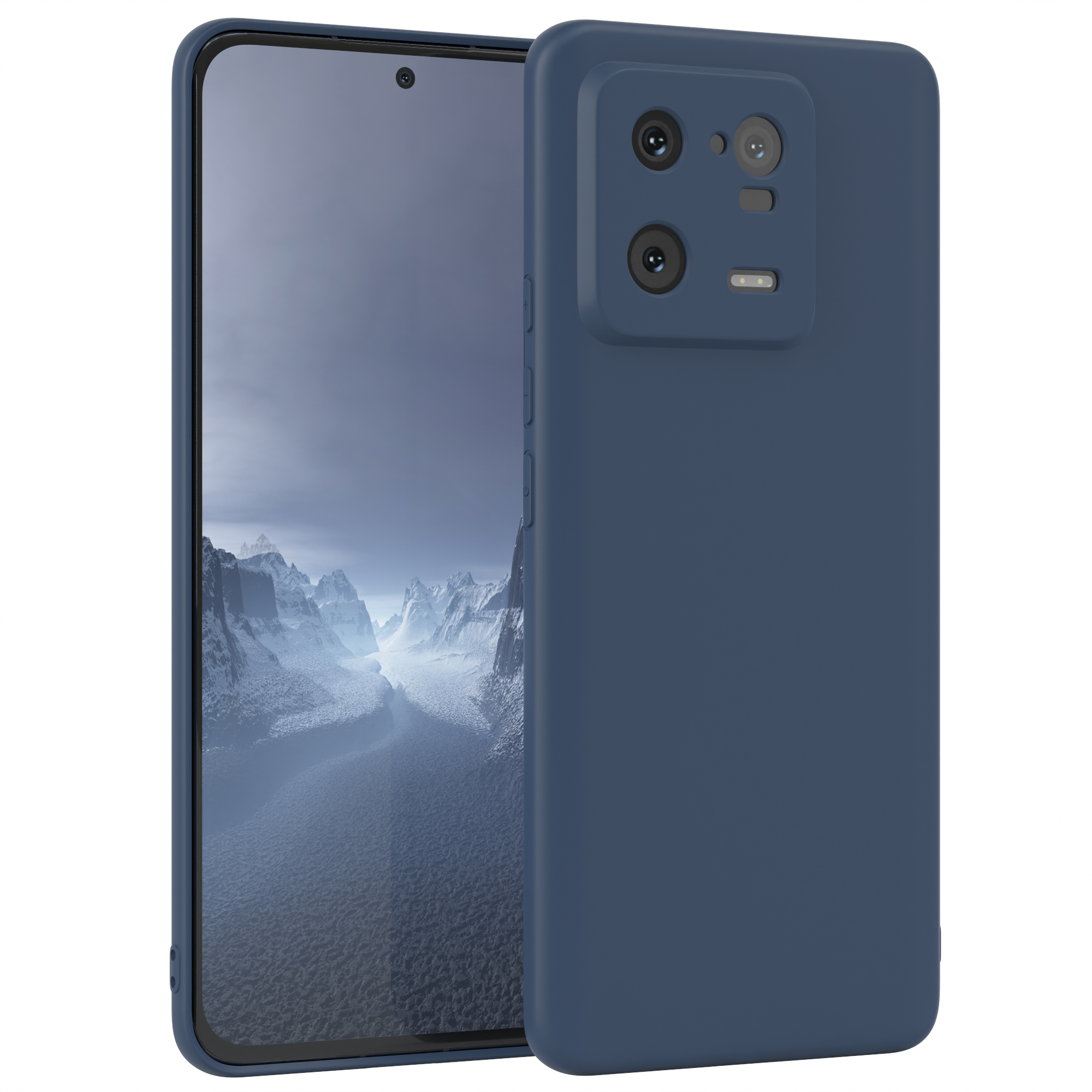 Eine dunkelblaue Handyhülle auf einem Smartphone mit Dreifachkamera und dunklem Hintergrund.