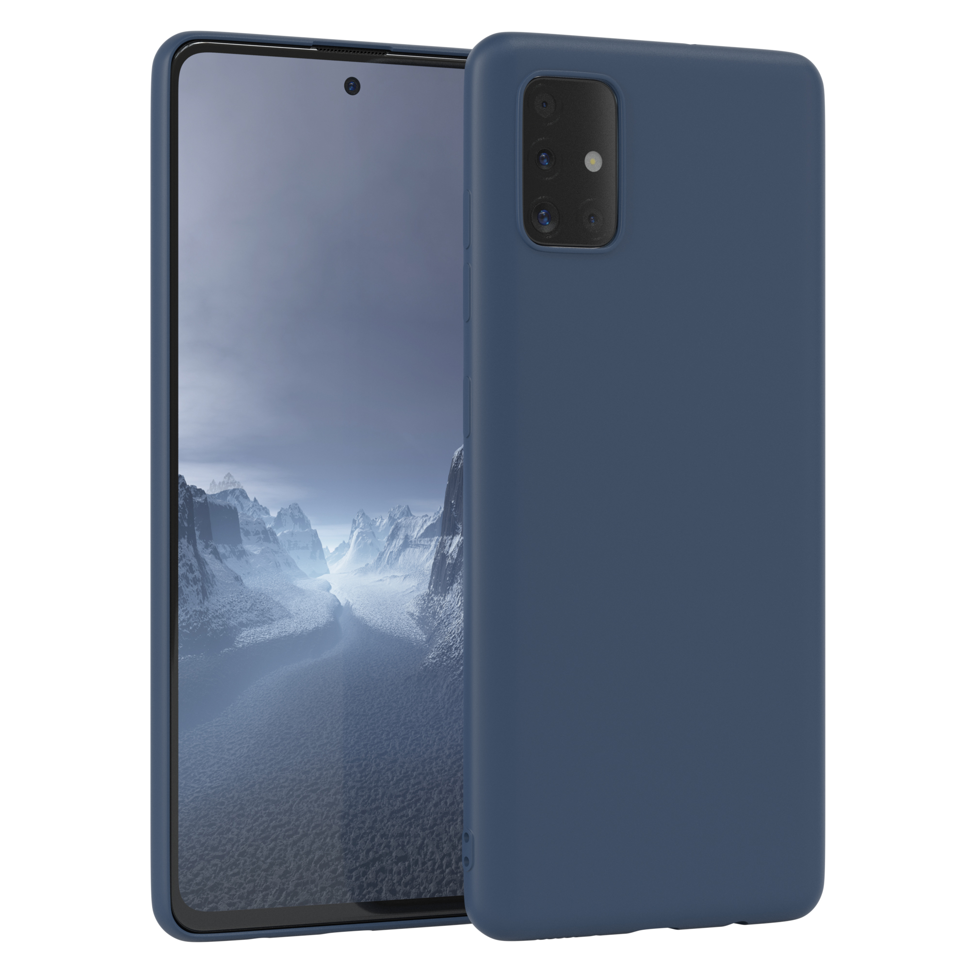 Blaue Handyhülle auf einem Telefon, aufrecht dargestellt. Eine andere Hülle liegt daneben.