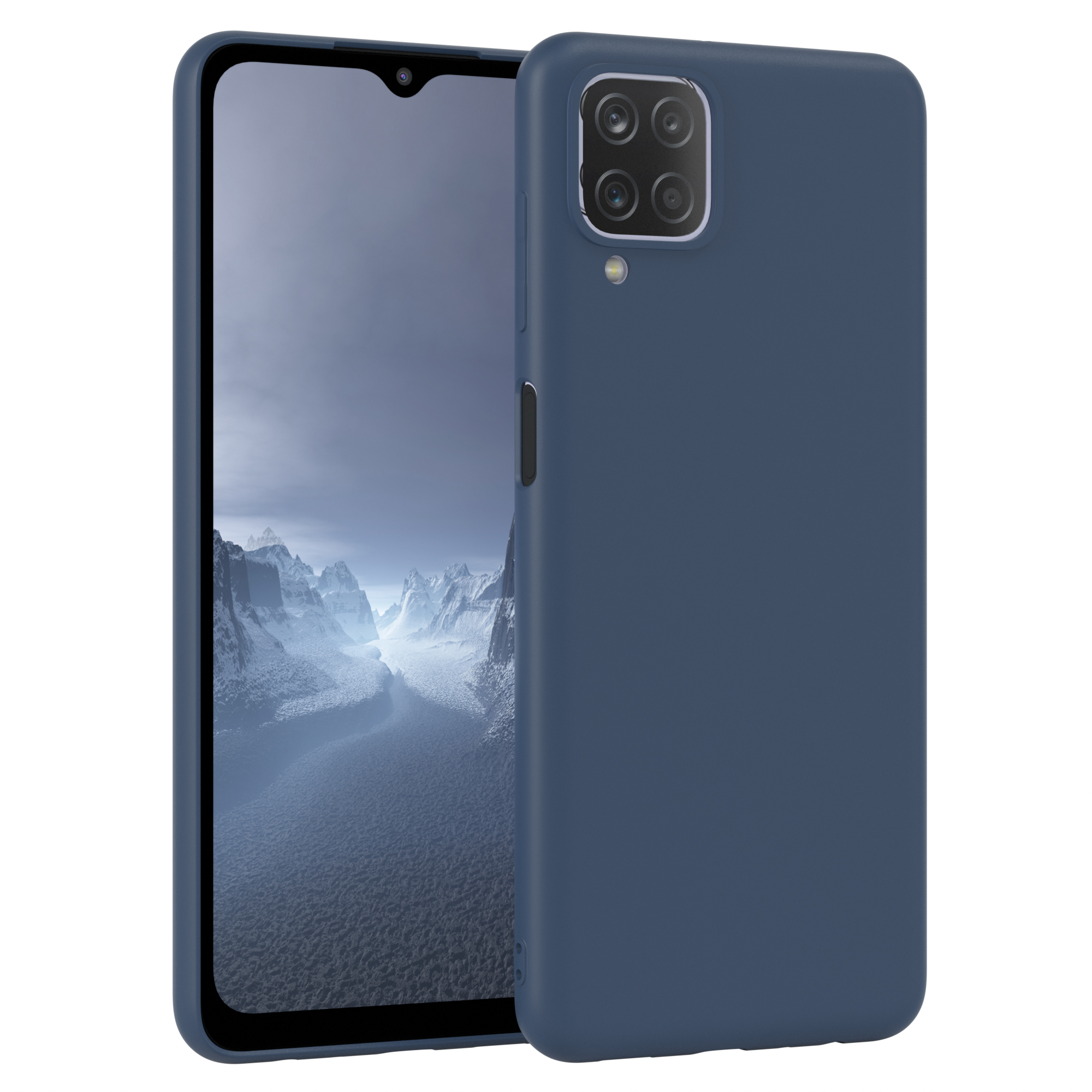 Marineblaue Handyhülle. Telefon mit blauem Bildschirm. Vier Kameralinsen.