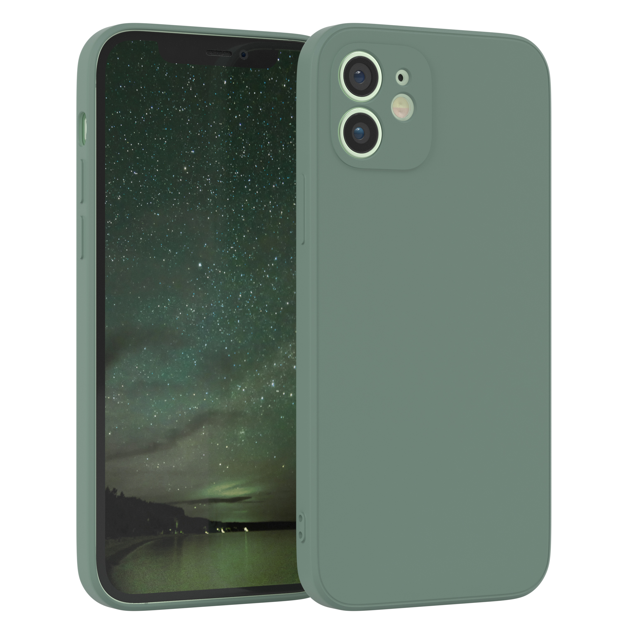 Grüne Handyhülle mit einem Telefon, das ein Landschaftsbild zeigt. Das Telefon hat einen grünen Hintergrund.