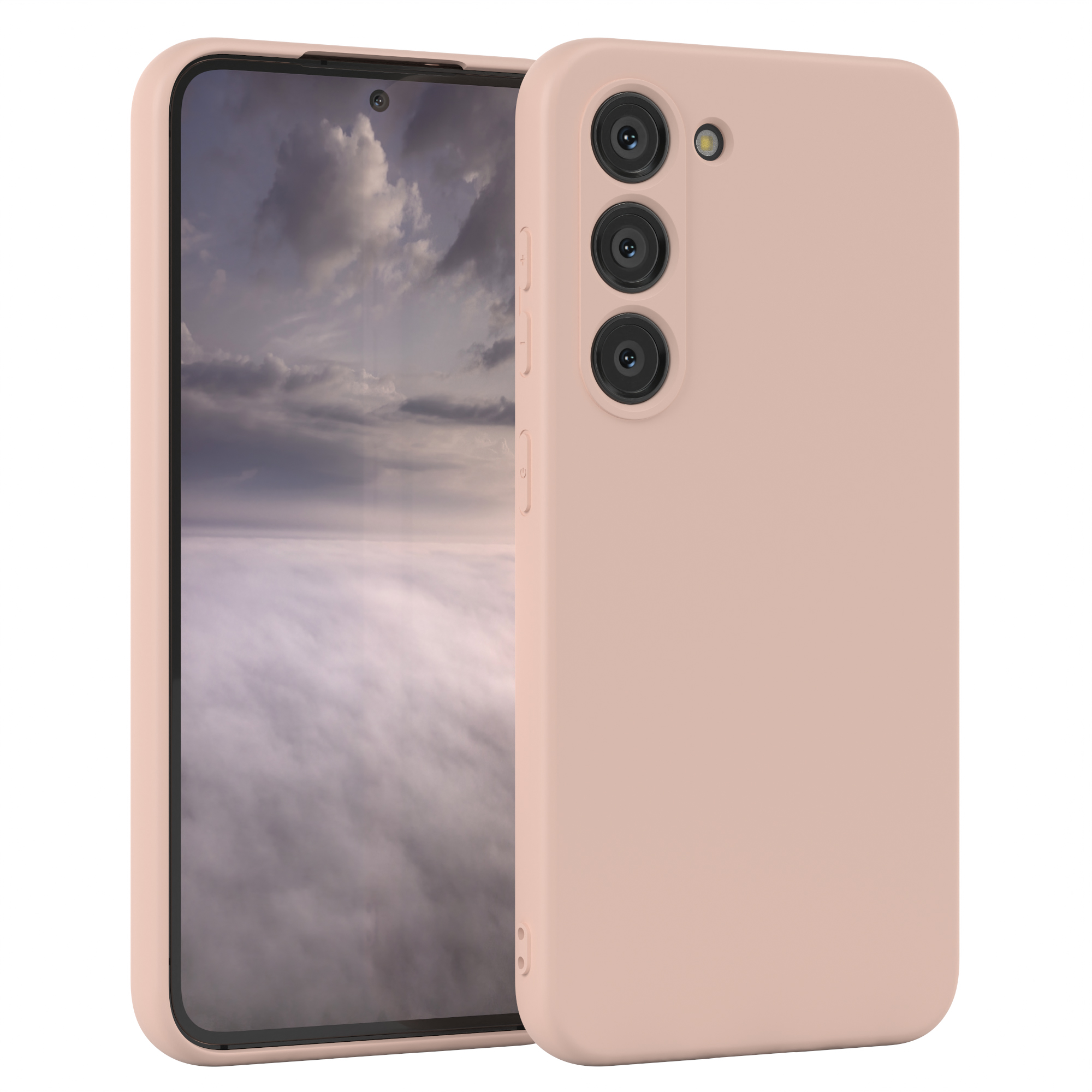 Ein rosa Telefon mit Hülle, das den Bildschirm eines Telefons zeigt. Der Hintergrund ist ein bedeckter Himmel.