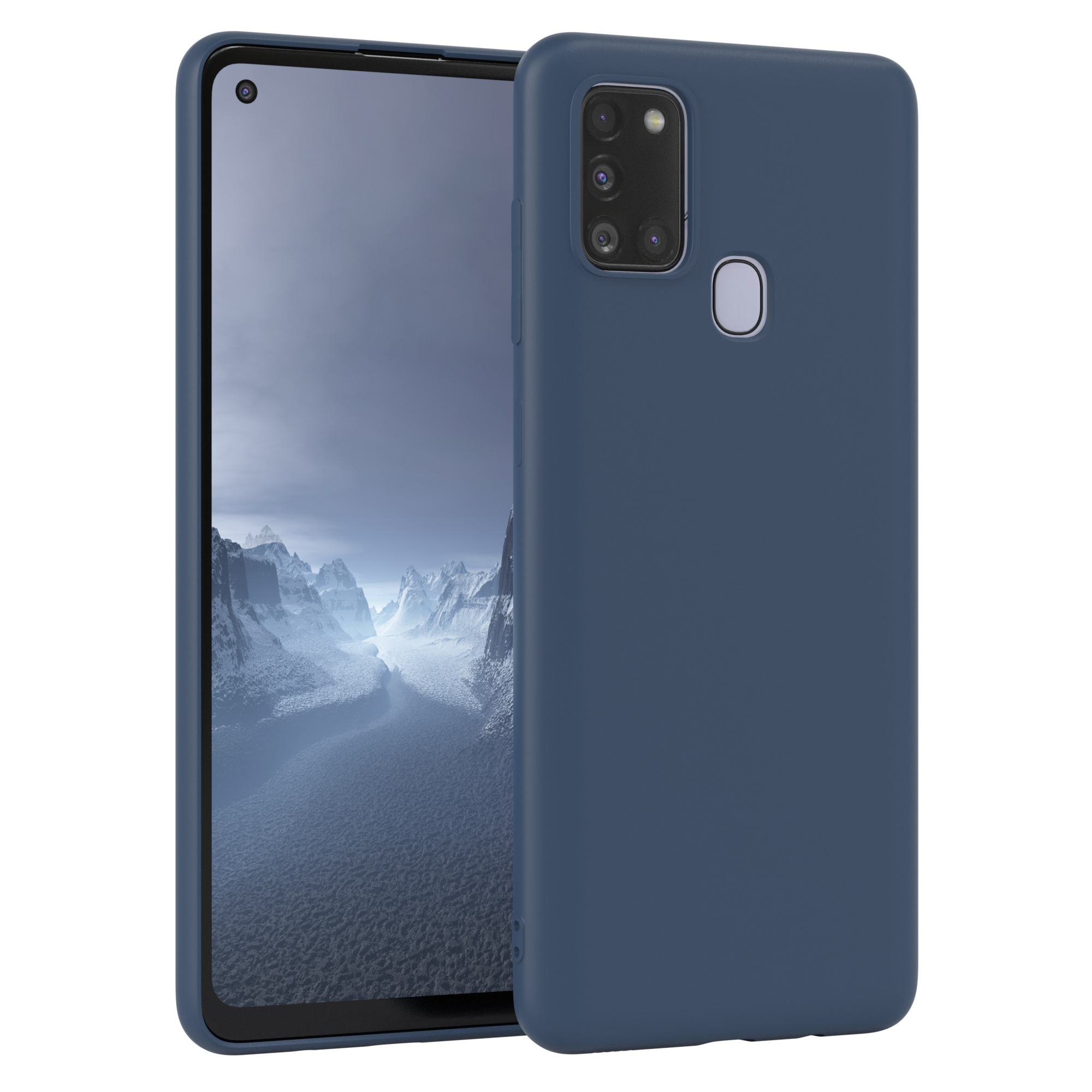 Blaue Handyhülle auf einem Telefon, aufrecht dargestellt. Eine andere Hülle liegt daneben.