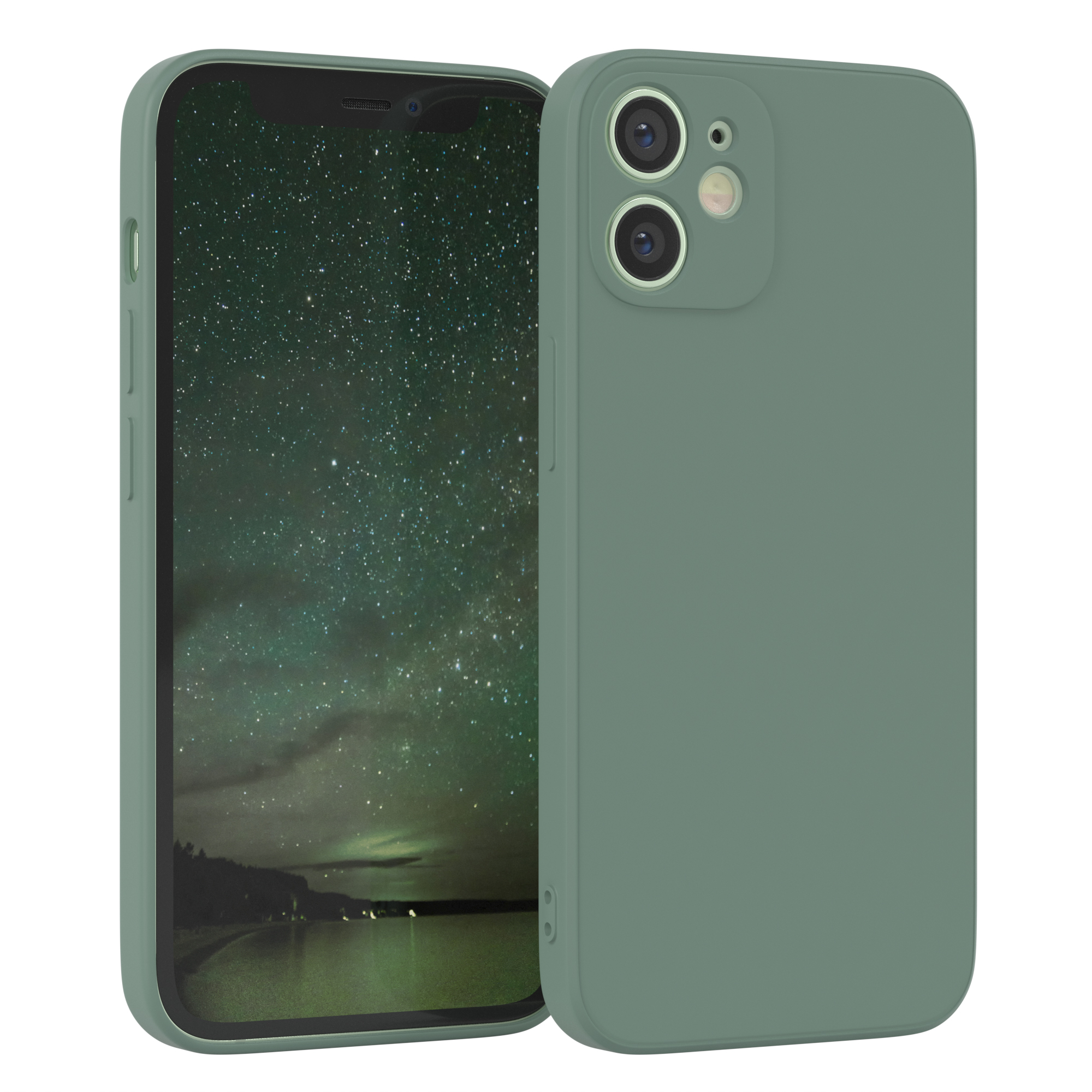 Grünes Telefon mit Hülle, zeigt Landschaft. Die Hülle bedeckt Rückseite und Seiten des Telefons.