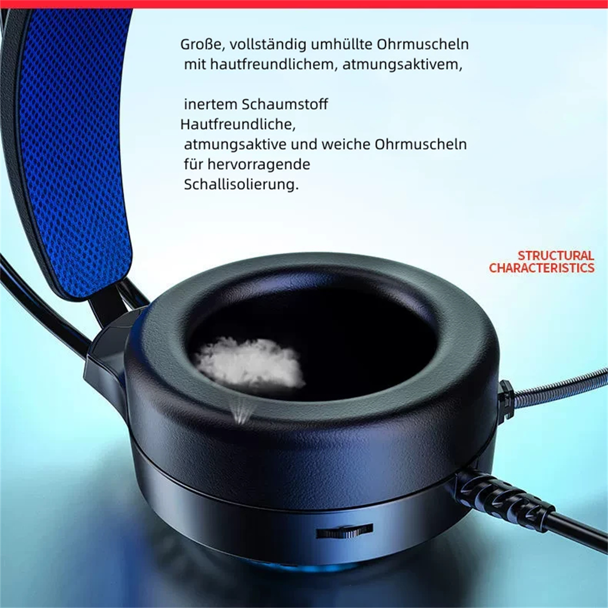 Nahaufnahme eines schwarzen und blauen Gaming-Headsets, mit Fokus auf das Ohrmuscheldesign und Details.