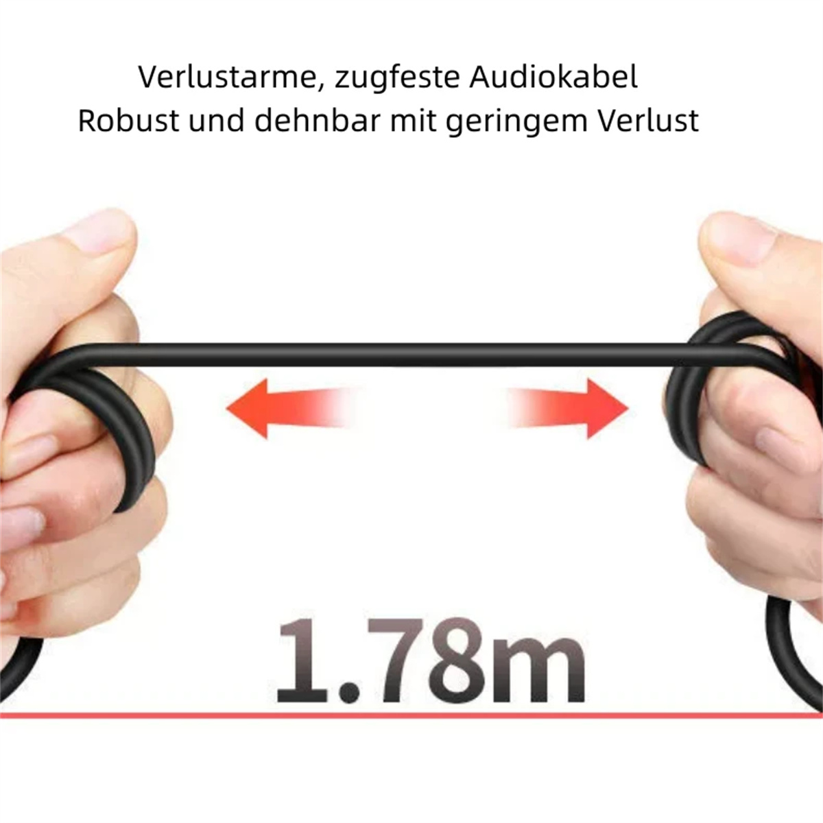 Hände, die ein schwarzes Audiokabel halten, mit Pfeilen, die eine Länge von 1,78 m anzeigen.