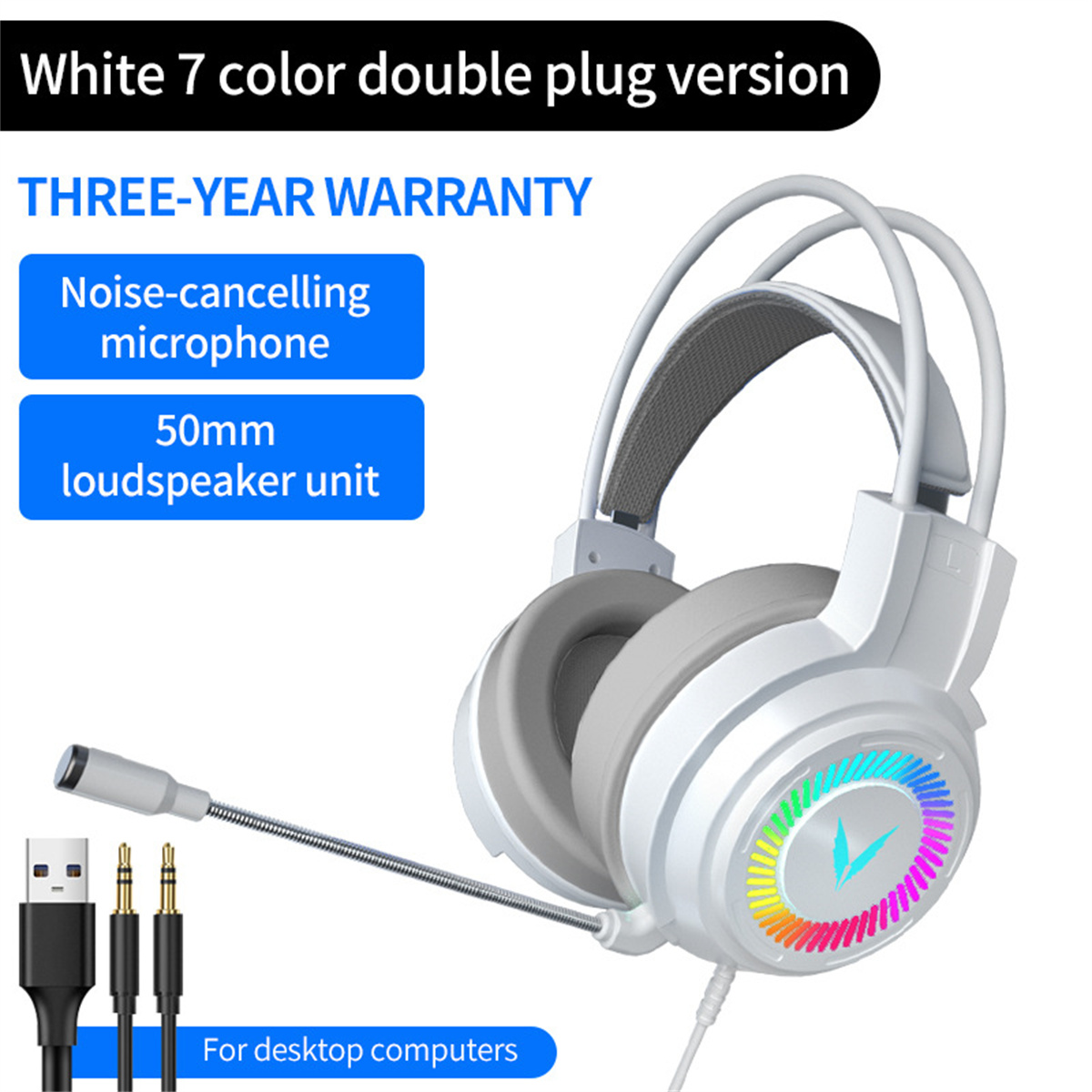 Auriculares gaming blancos con micrófono y luz multicolor.