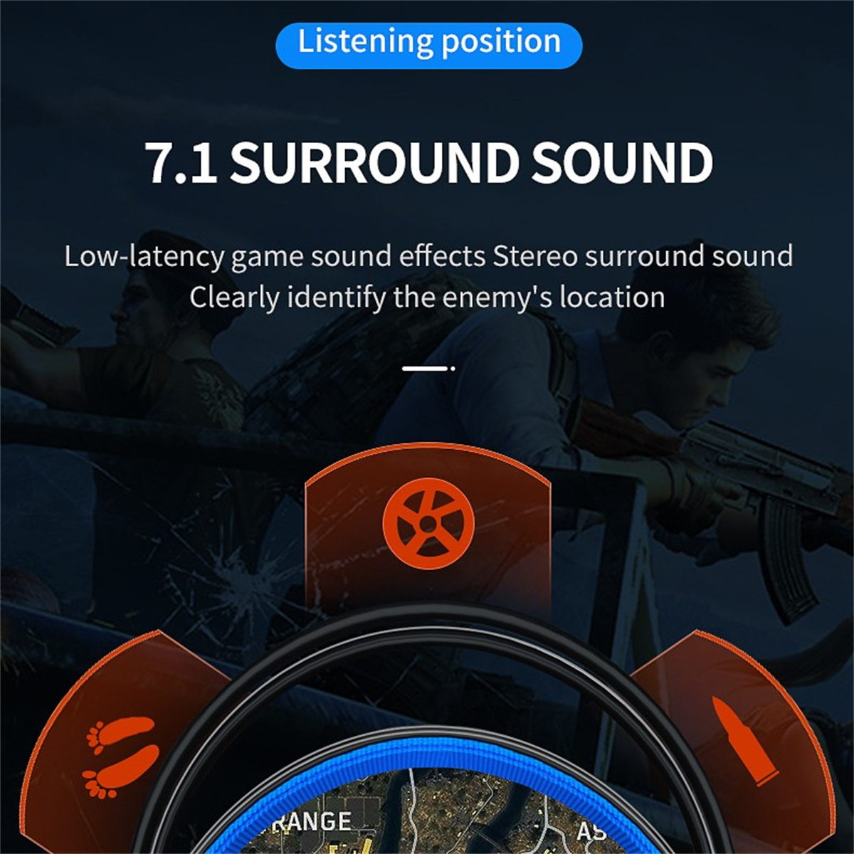 Oberfläche mit 7.1 Surround-Sound. Sie hat Fußabdruck-, Kugel- und Schallwellen-Symbole.