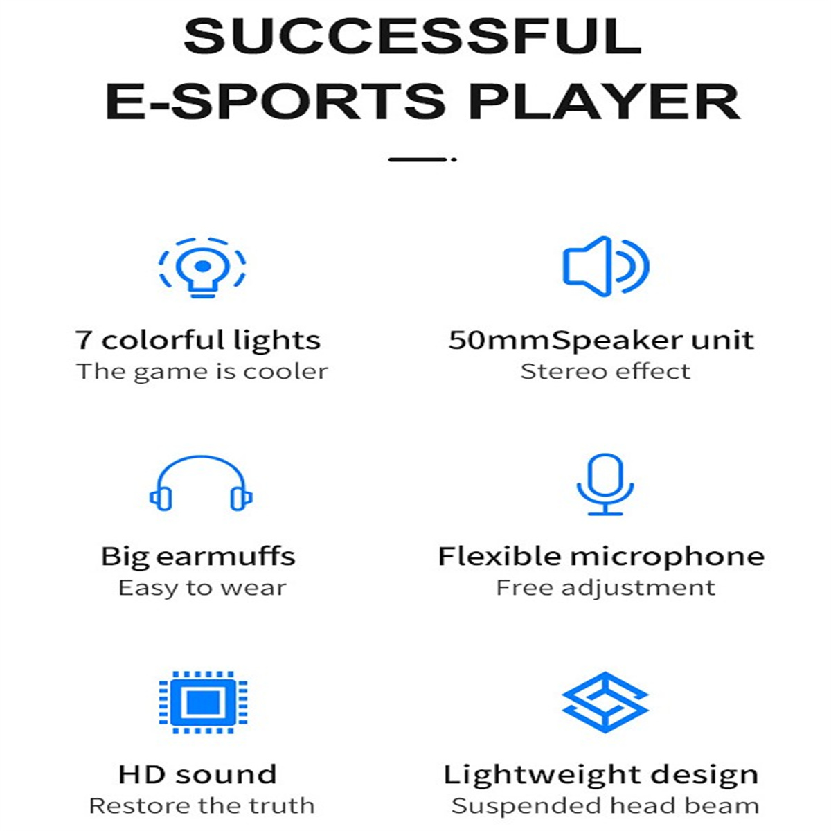 Symbole, die die Eigenschaften eines erfolgreichen E-Sport-Spielers darstellen: Lichter, Lautsprecher, Ohrenschützer, Mikrofon, Sound.