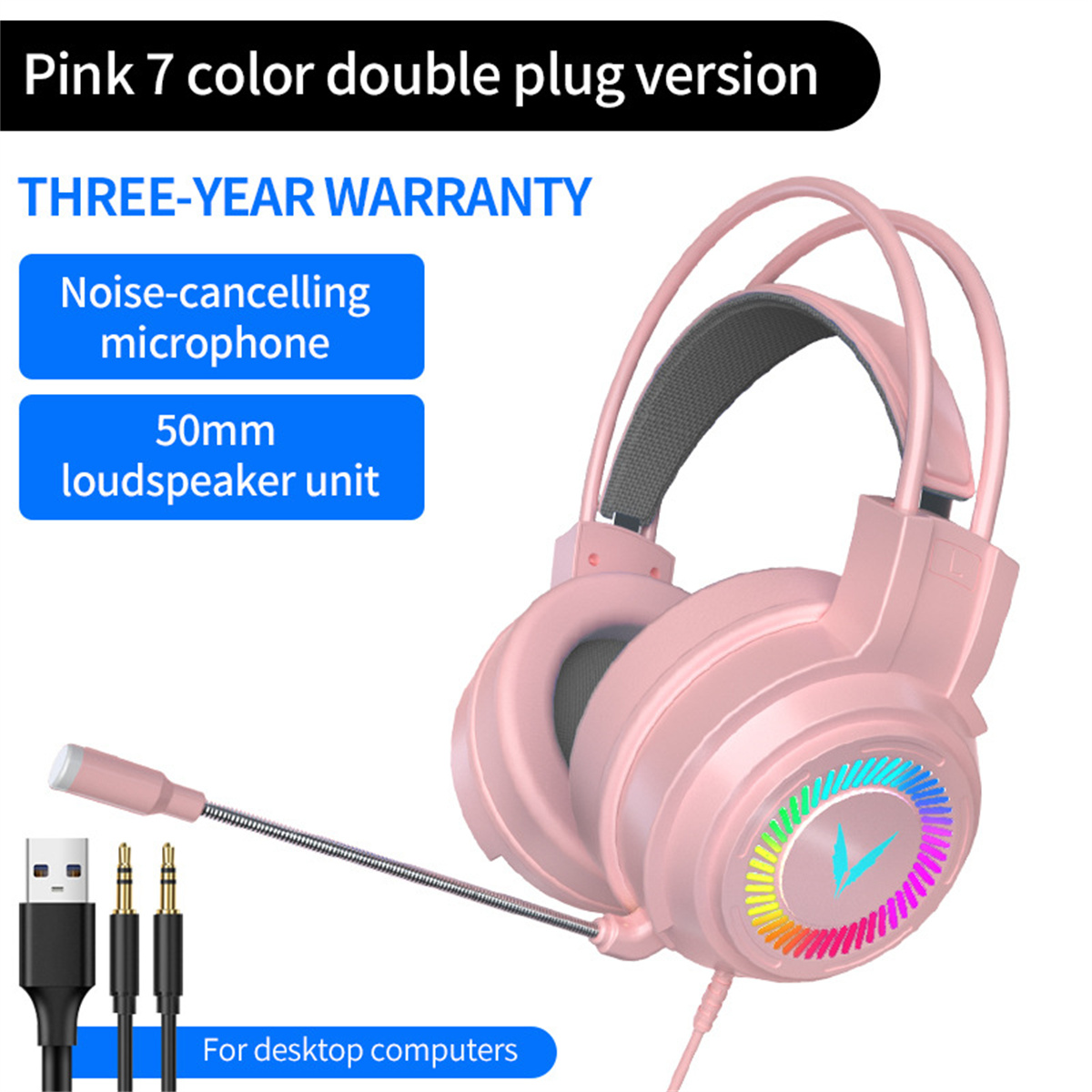 Rosa Gaming-Headset mit Mikrofon und bunten Lichtern. Schwarze Kabel und Anschlüsse, weißer Hintergrund.