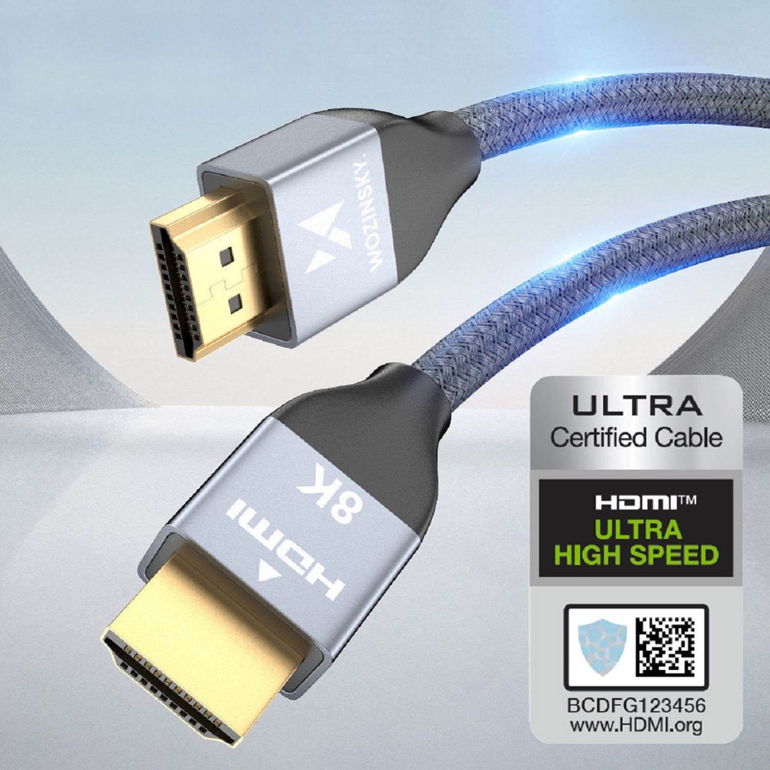 Kabel HDMI ze złotymi złączami i niebieskim plecionym przewodem. Widoczne etykiety 8K i HDMI.
