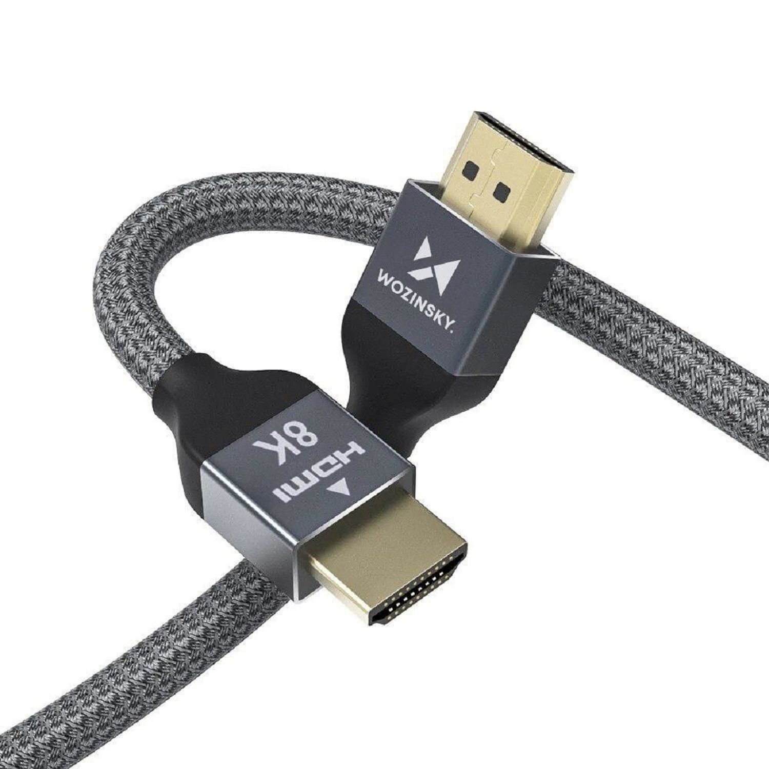 Kabel HDMI z dwoma srebrnymi złączami, z których jedno jest oznaczone HDMI 8K, na białym tle.