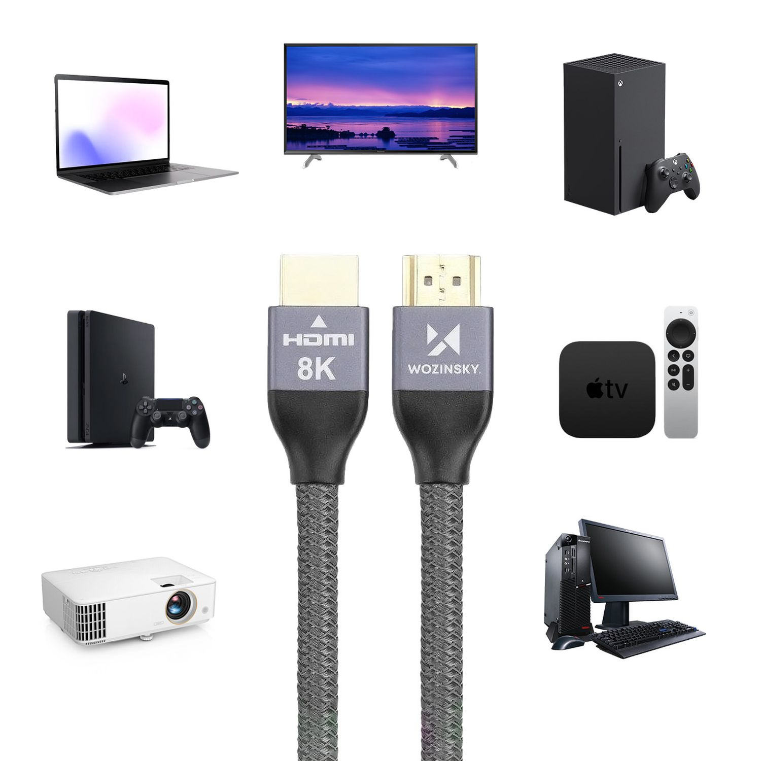 Asortyment urządzeń elektronicznych połączonych kablem HDMI.