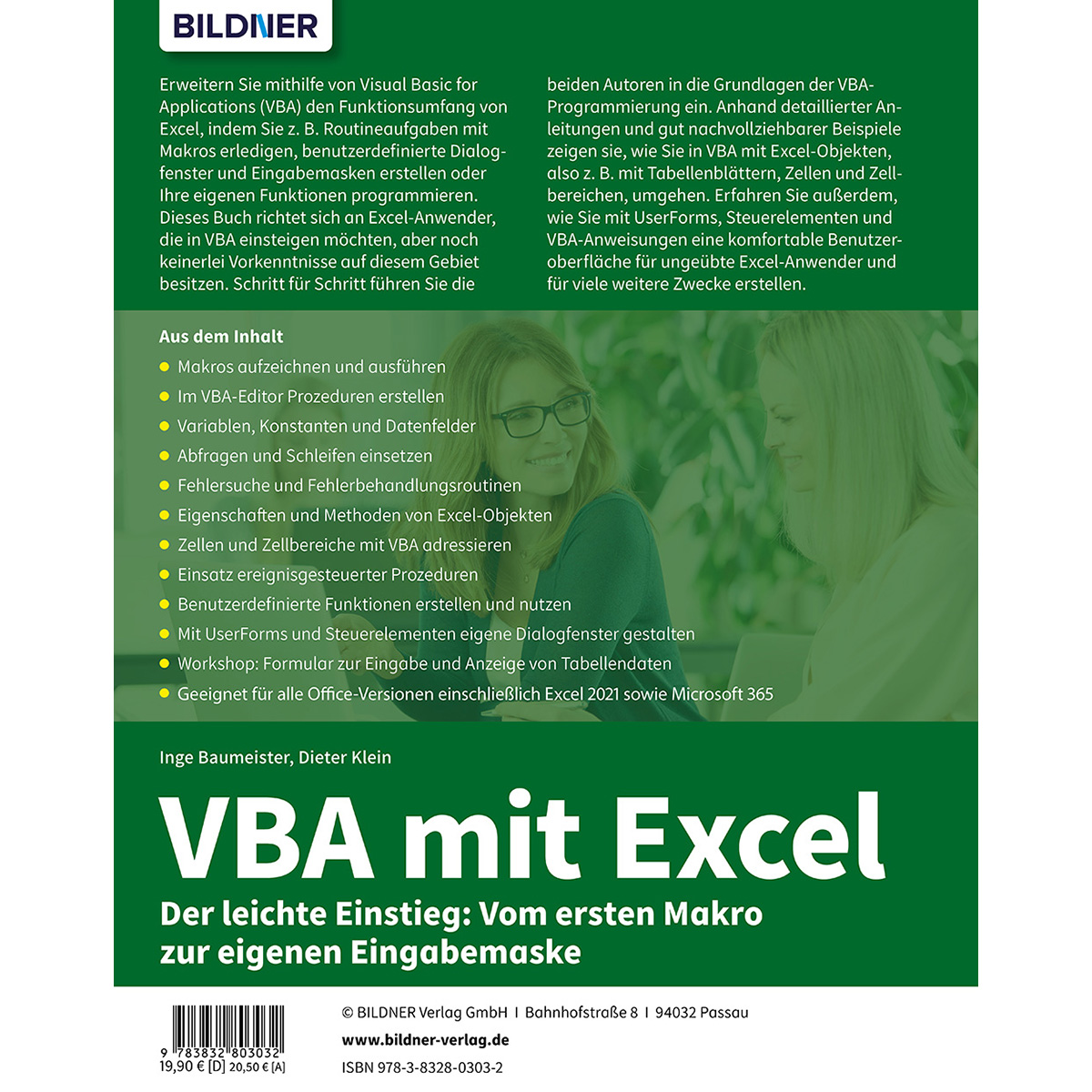 Buchcover: VBA mit Excel. Grüner Text auf schwarzem Hintergrund. Zwei Personen sind im Bild.