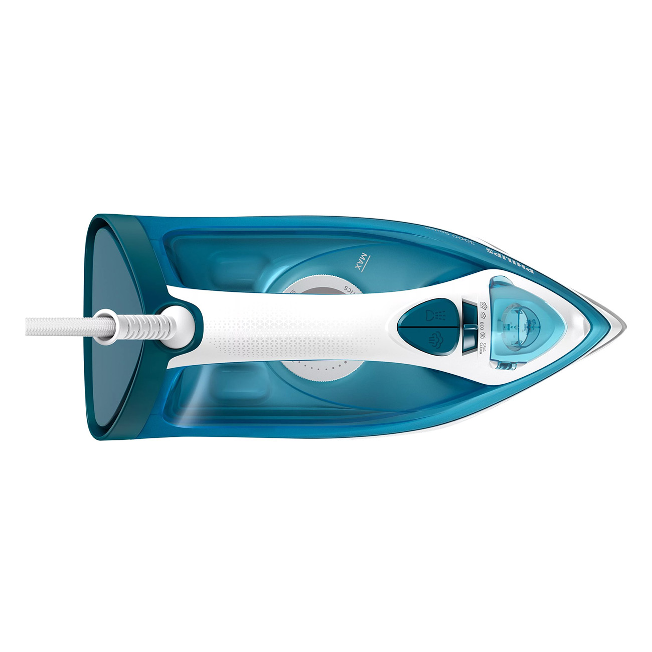 Niebiesko-białe żelazko widziane z góry. Biały uchwyt i przezroczysty zbiornik na wodę.