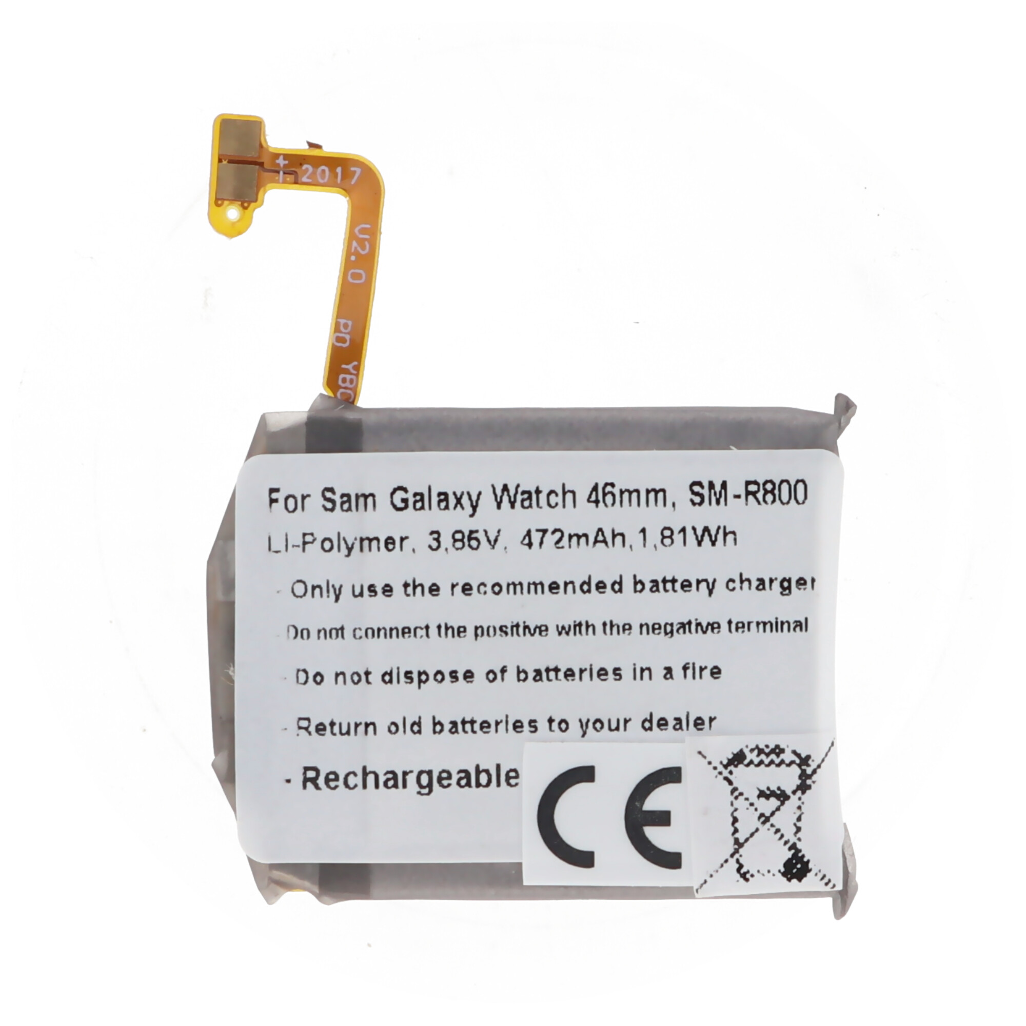 Ein Telefon-Akkupack mit der Aufschrift: Für Sam Galaxy Watch 46mm, SM-R800, Li-Polymer.