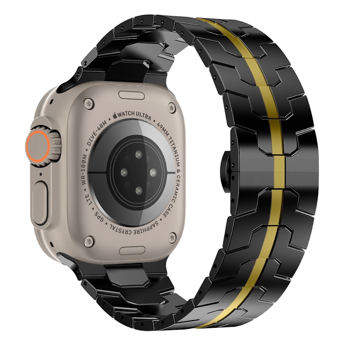 Eine schwarz-goldene Uhr mit passendem Armband. Die Uhr befindet sich auf weißem Hintergrund.