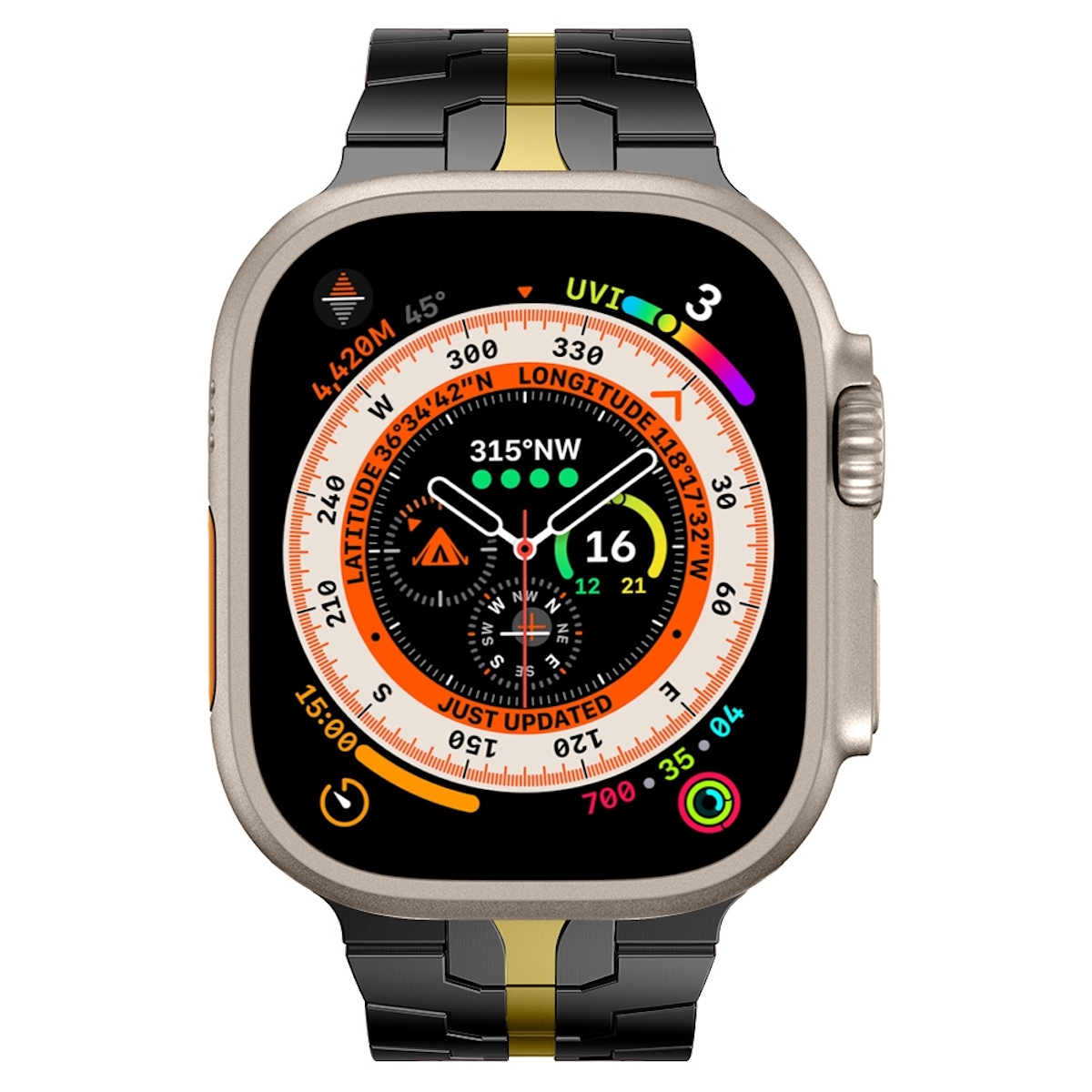 Eine Smartwatch mit einem schwarzen und goldenen Band. Der Bildschirm zeigt einen Kompass und andere Daten.