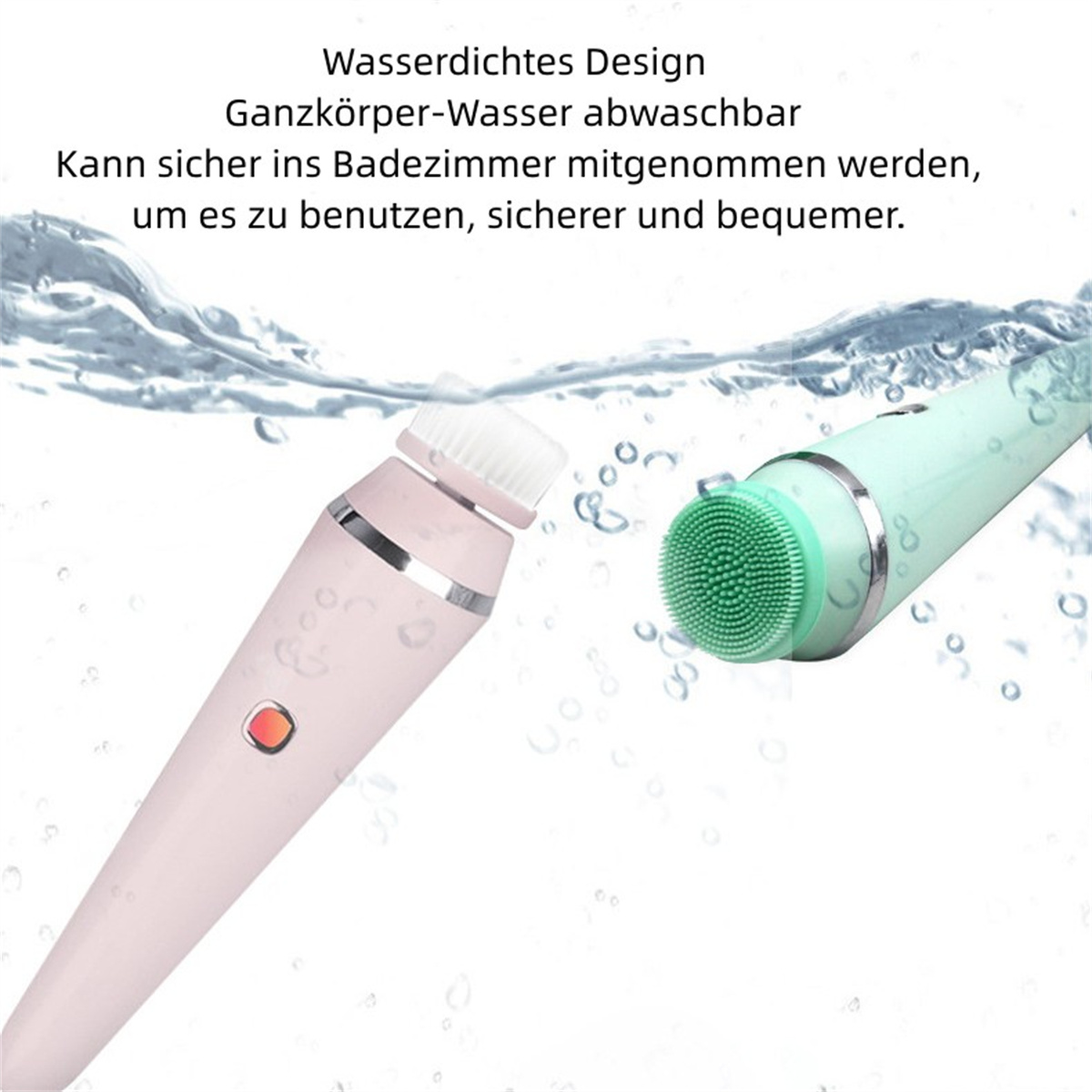 Zwei elektrische Gesichtsreinigungsbürsten im Wasser. Eine rosa und eine grüne, mit Text darüber.