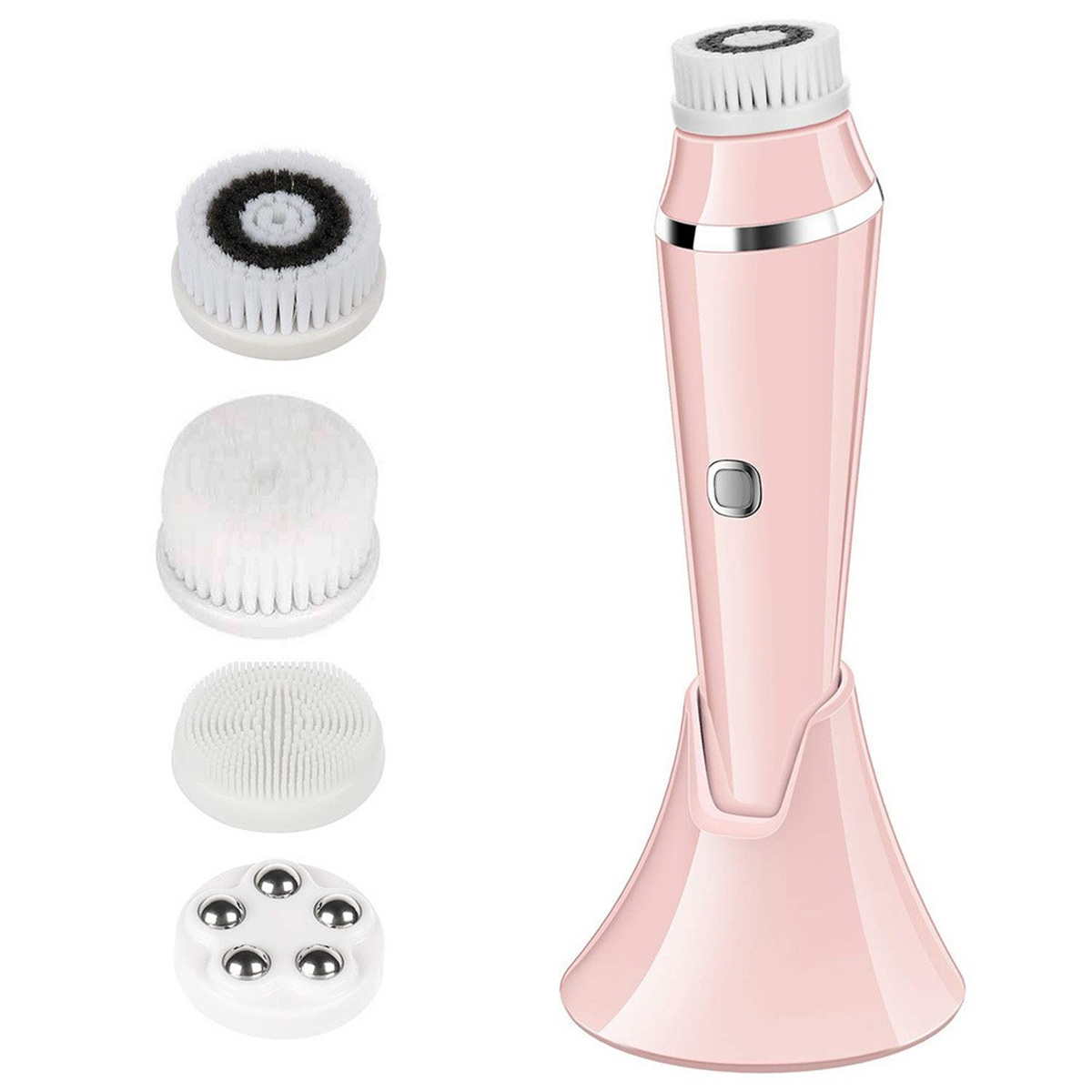 Eine rosa Gesichtsbürste mit vier austauschbaren Bürstenköpfen und einer Ladestation.