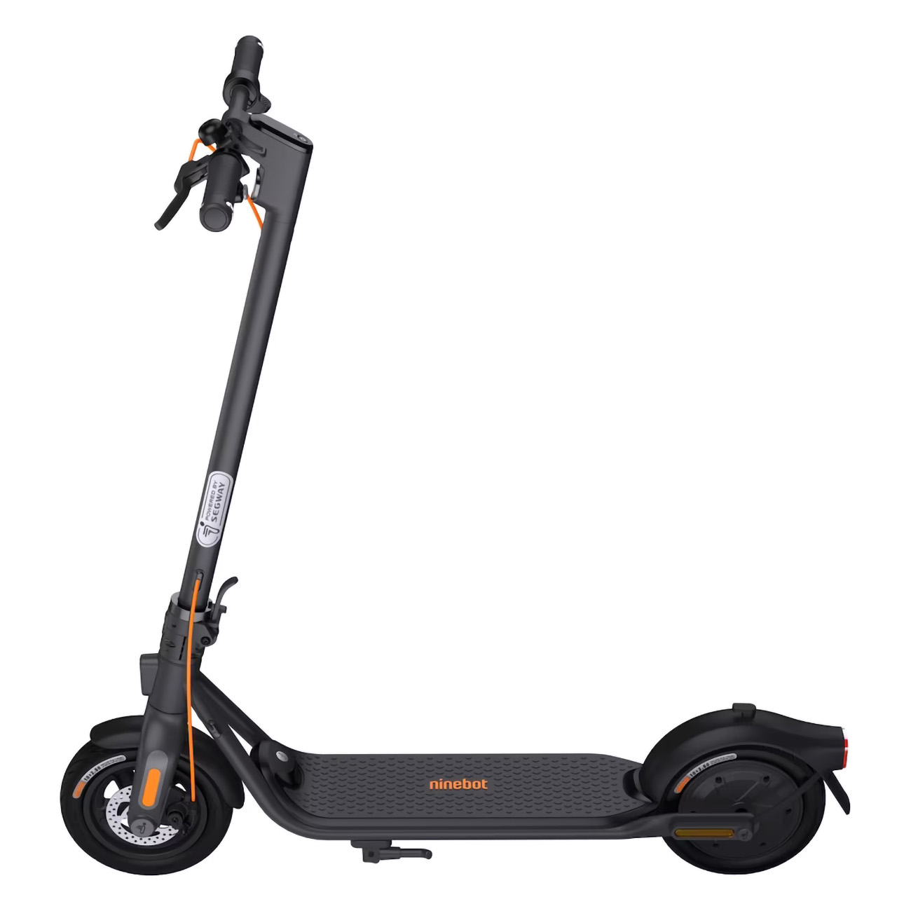 Schwarzer Roller mit orangefarbenen Akzenten. Der Roller steht auf weißem Grund. Er hat einen langen Stiel mit Lenker.