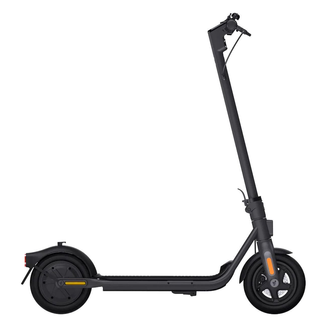 Ein schwarzer Elektroroller auf weißem Hintergrund. Der Roller ist abgewinkelt und zeigt sein Seitenprofil.