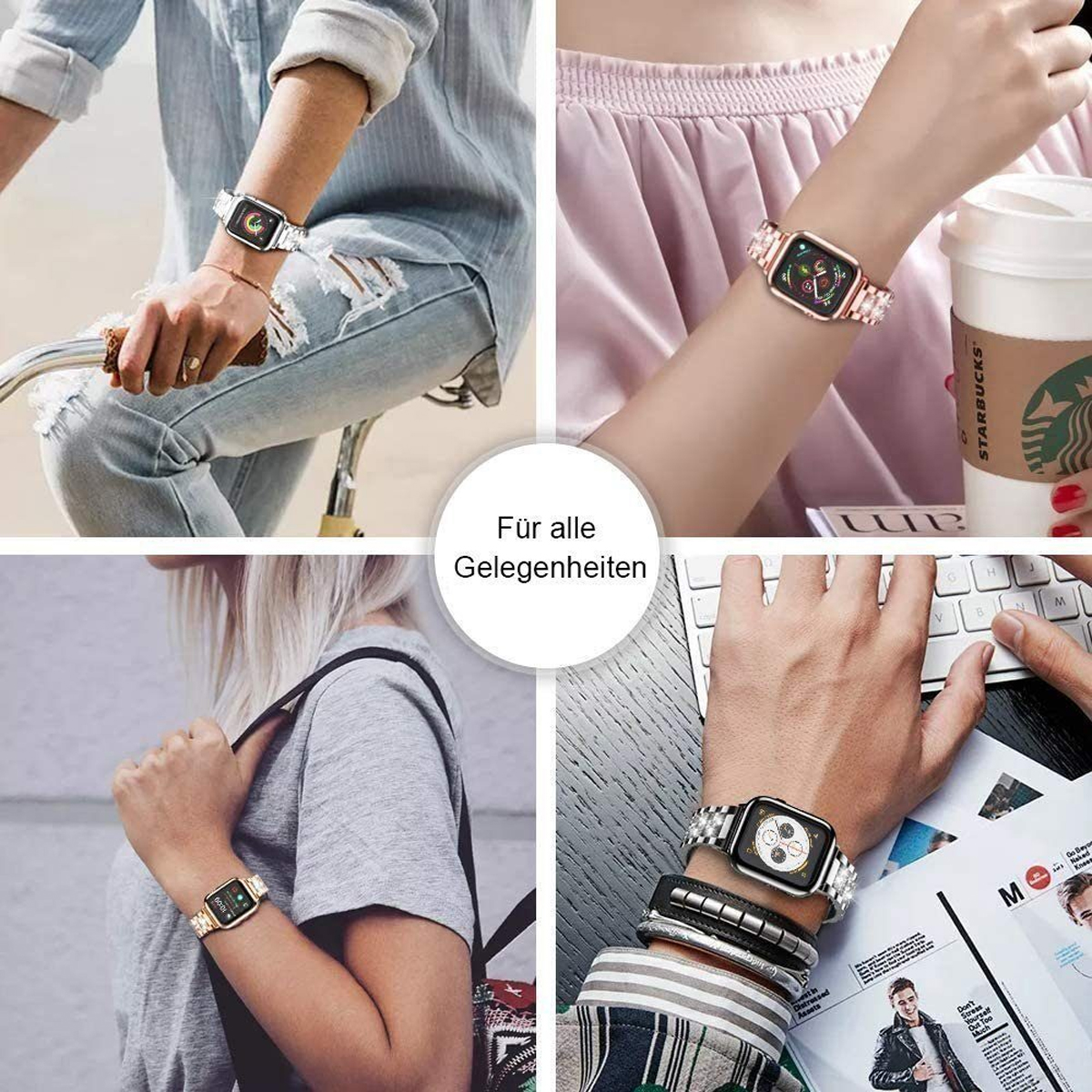 Vier Bilder von Personen, die Smartwatches mit verschiedenen Armbändern tragen: Silber, Roségold und Schwarz.