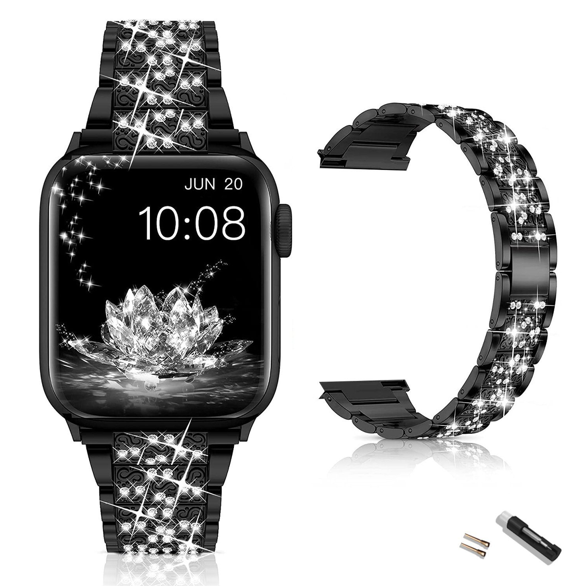 Czarny Apple Watch z diamentowym paskiem, pokazujący datę i godzinę, z błyszczącym obrazem lotosu.