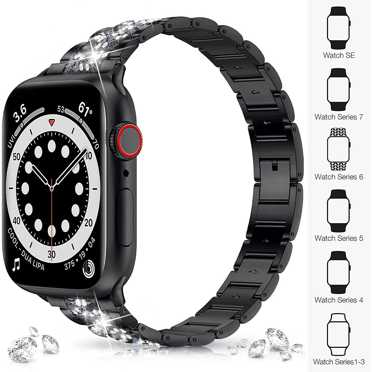 Czarny Apple Watch z czarną metalową opaską i diamentami, z wykresami modeli zegarków.
