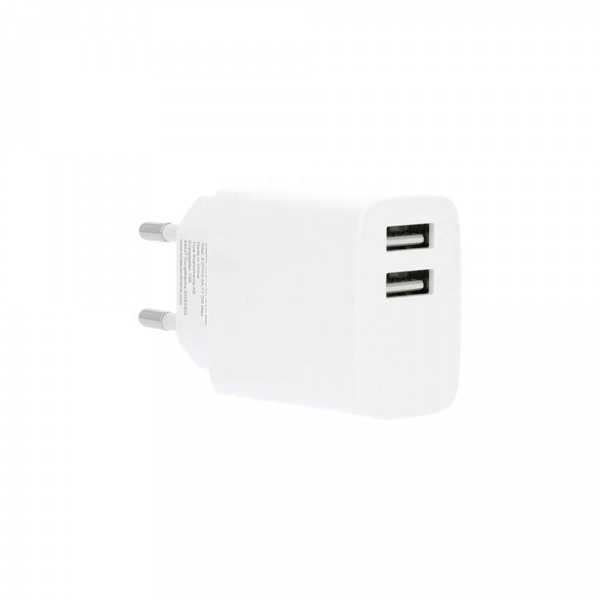 Weißes USB-Ladegerät mit zwei Anschlüssen und zwei rechteckigen Ladeanschlüssen.