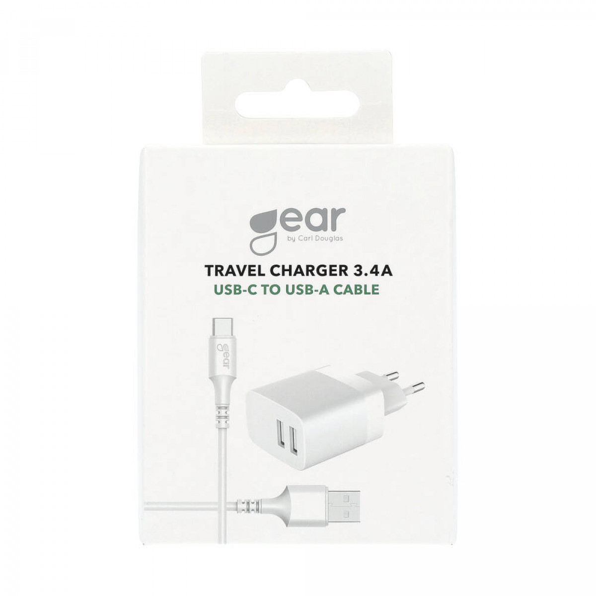 Ein weißes Ladegerät mit USB-C-zu-USB-A-Kabel in einer Box mit Text: TRAVEL CHARGER 3.4A.
