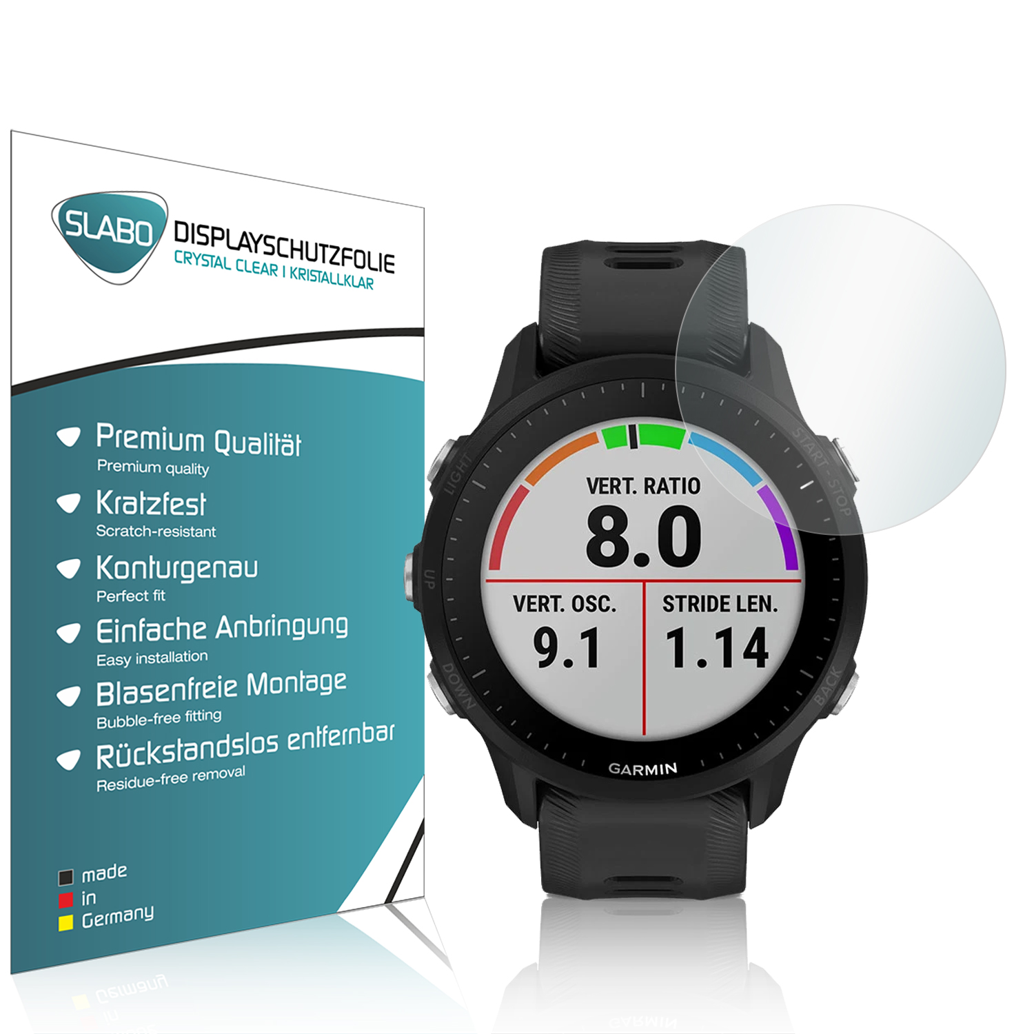 Smartwatch mit Displayschutz und Text. Der Schutz befindet sich links von der Uhr. Weißer Hintergrund.
