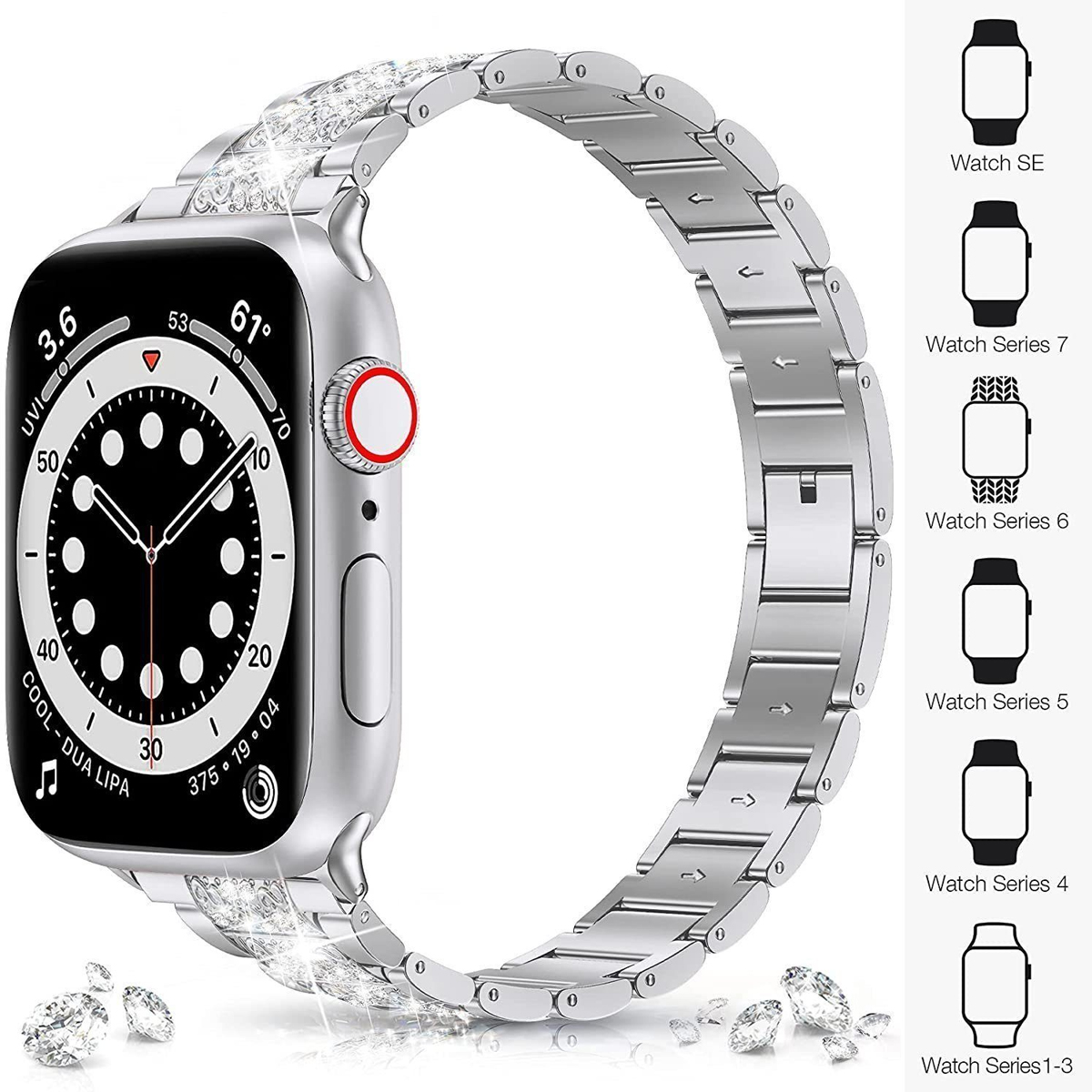 Srebrny smartwatch z diamentowym paskiem. Diamenty na dole, modele zegarków po prawej.