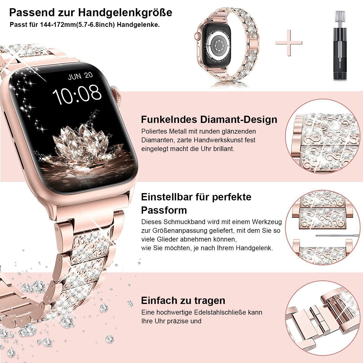 DIIDA Smartwatch-Armband Watch Apple 3, Band Armbänder, Watch 6, 2, Band, Smartwatch 5, 7, SE, Apple, Watch, für iWatch, Serie 1 für 38/40/41mm, Roségold 4