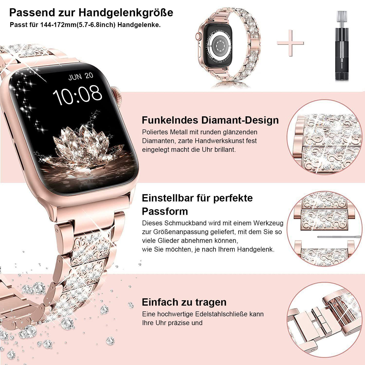 Eine roségoldene Uhr mit Diamantdesign wird mit Details zu ihren Funktionen angezeigt.