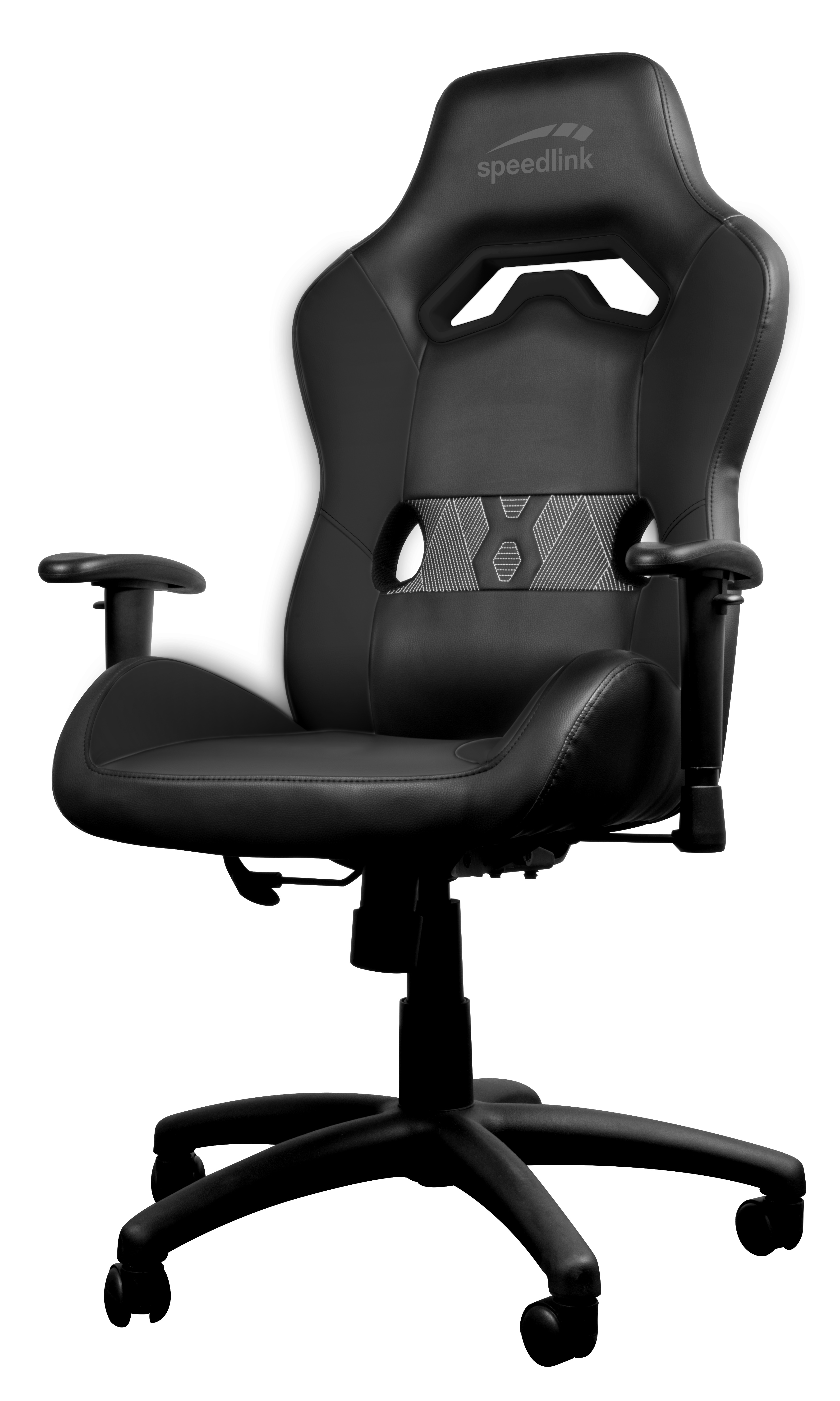 Schwarzer Gaming-Stuhl mit Kopfstütze und Armlehnen auf weißem Hintergrund.