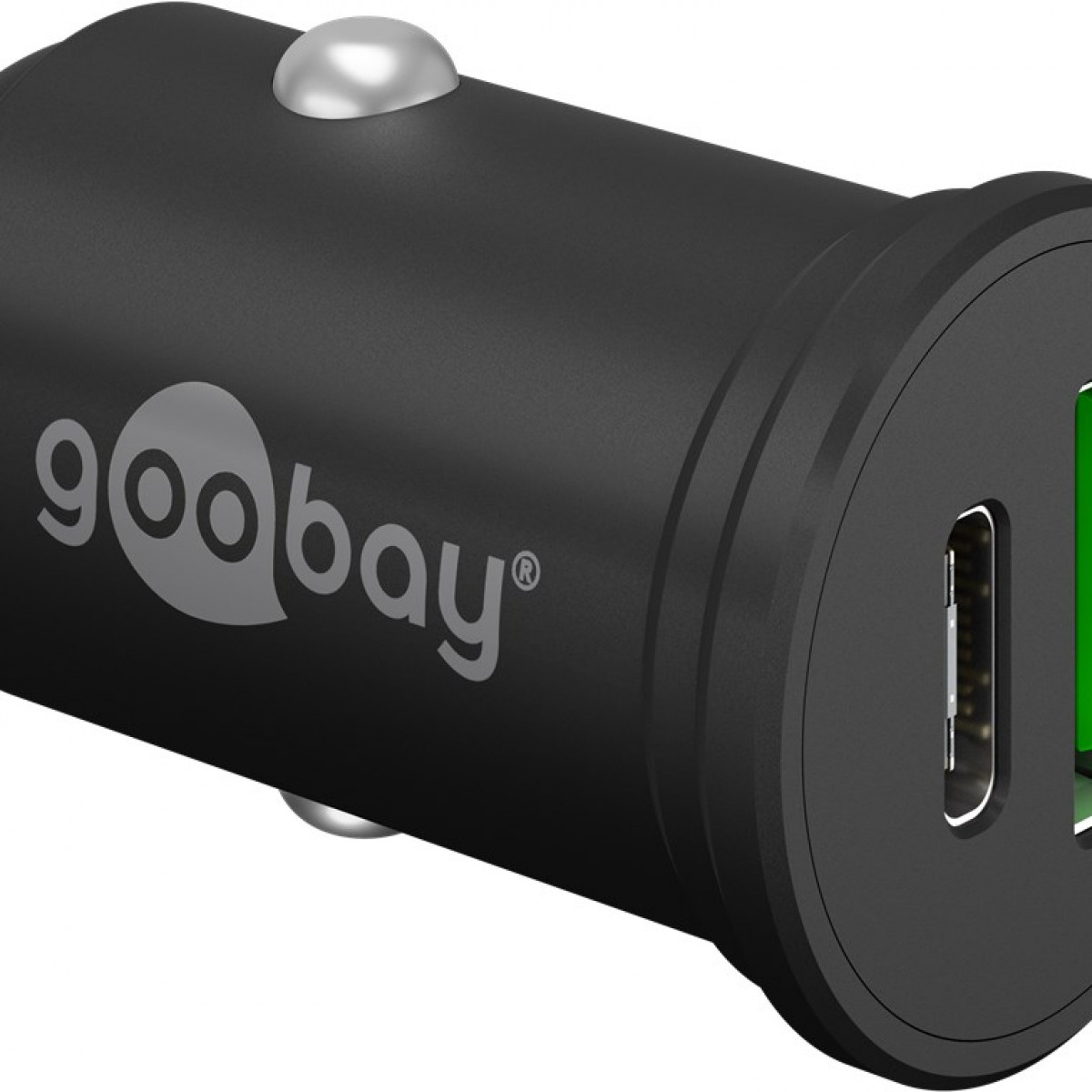 Ein schwarzes Autoladegerät mit USB-Anschluss und Power-Taste. Der Markenname 'goobay' ist seitlich sichtbar.