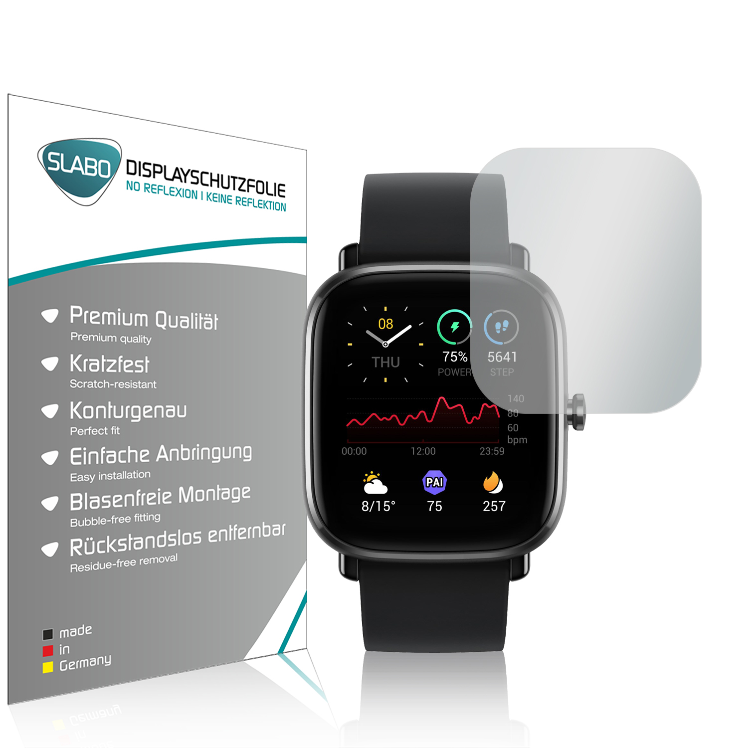Eine Smartwatch mit Displayschutz und einer Box mit deutschem Text.