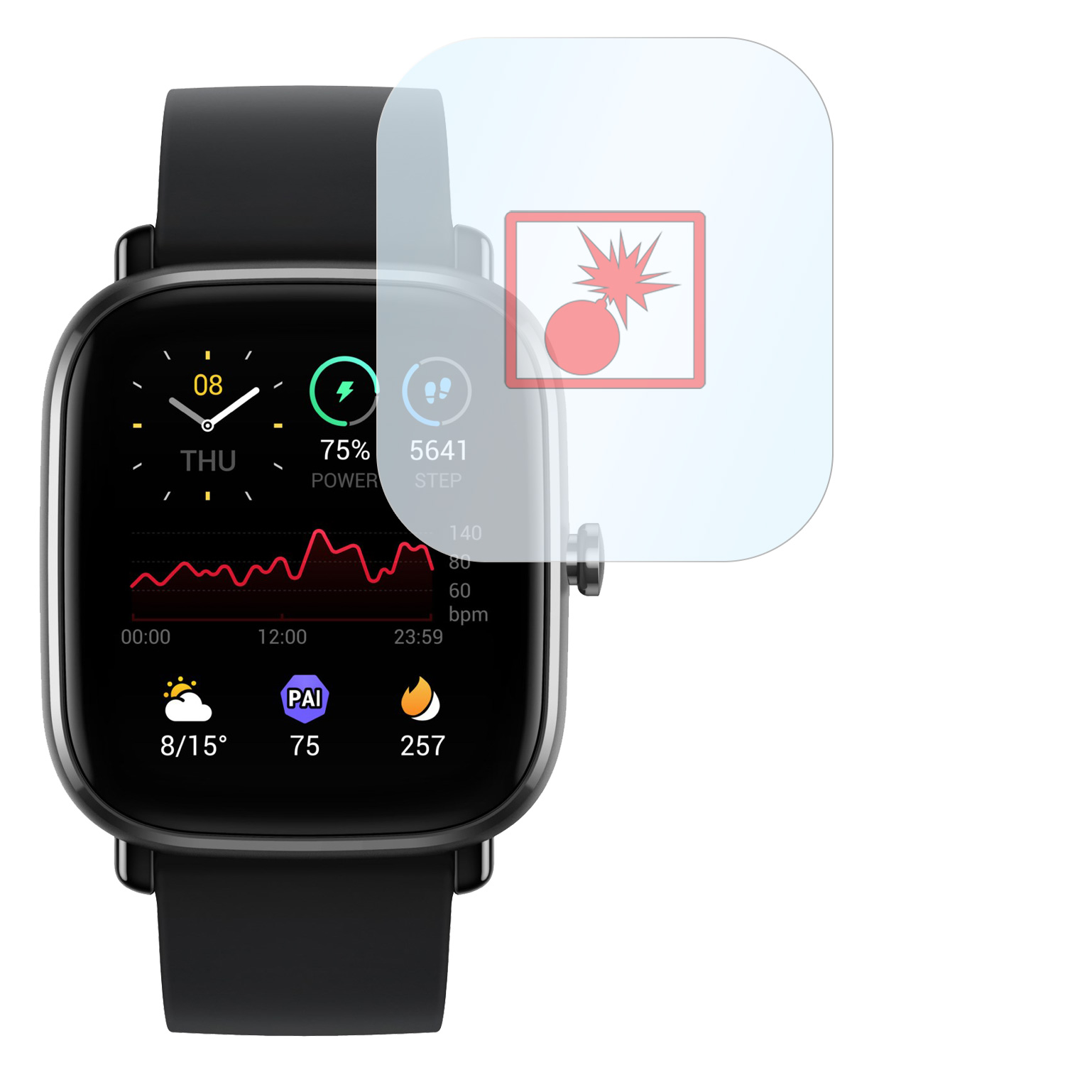 Eine schwarze Smartwatch mit Gesundheitsmetriken, mit Overlay, das ein Bomben-Symbol zeigt.