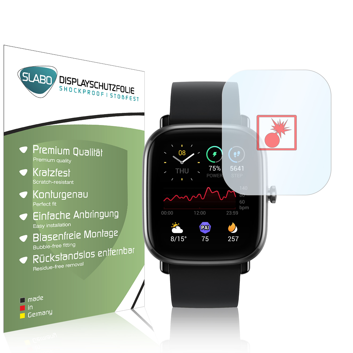 Smartwatch mit Displayschutzfolie. Der Bildschirm zeigt Daten wie Zeit, Herzfrequenz und ein Bomben-Symbol.