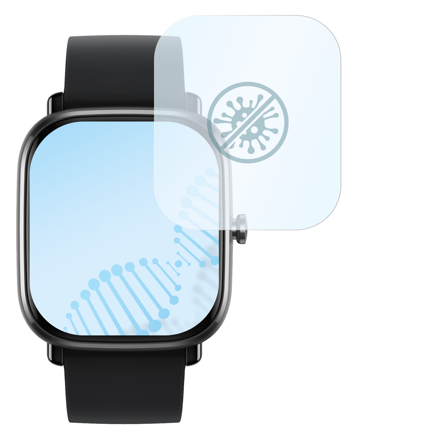 Smartwatch mit schwarzem Armband und Schutzfolie mit Virenblockiersymbol.